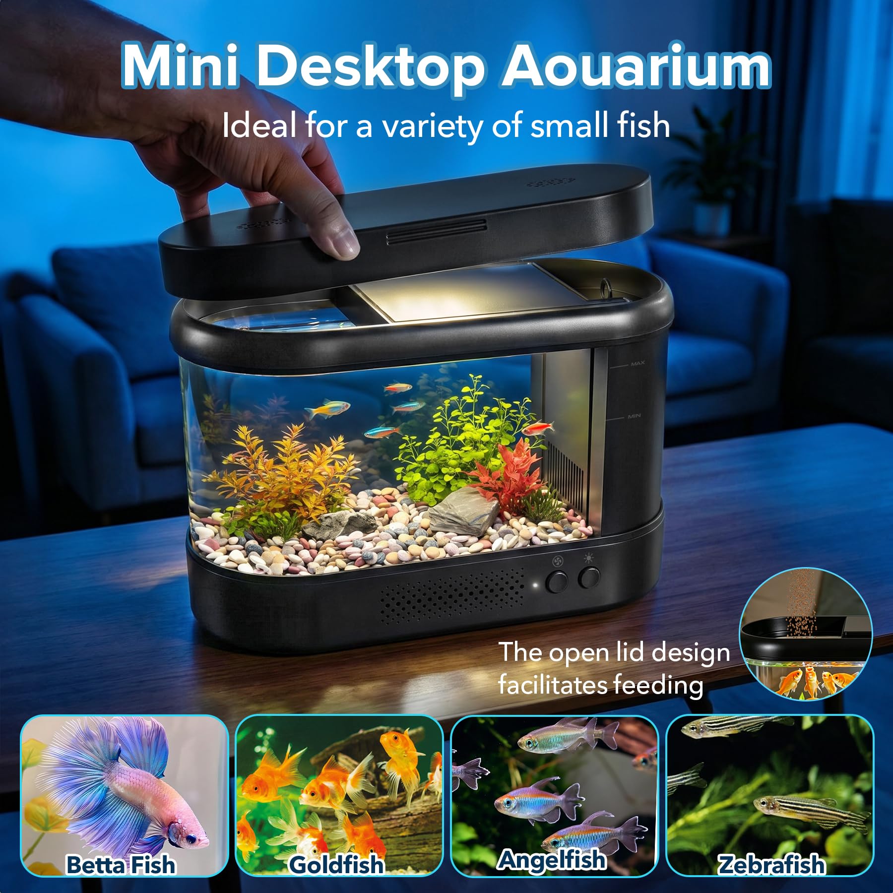 Nano Aquarium Starter Set 3,7L Schwarz Acryl mit Filtersystem LED Beleuchtung Betta Tischaquarium