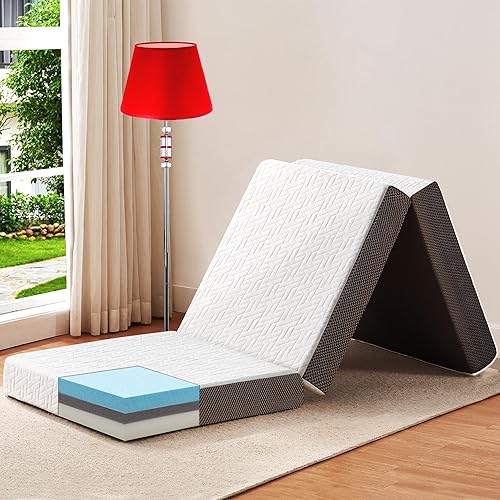 bedluxury Colchón triple plegable de 3 pulgadas, tamaño Queen con bolsa de almacenamiento, cubrecolchón plegable de espuma viscoelástica, cama de
