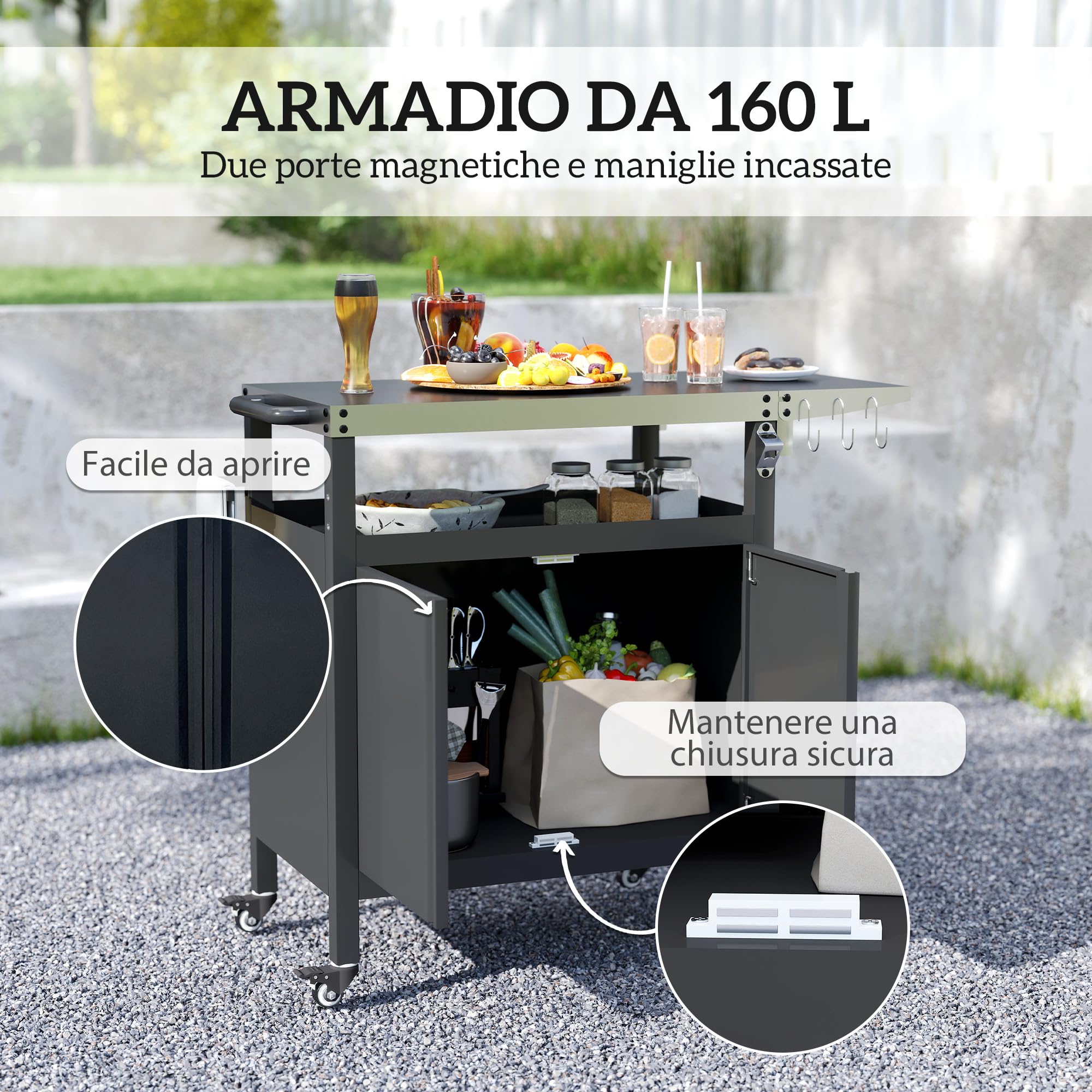 Outsunny Carrello Barbecue con Piano in Acciaio Inox e Tavolino Laterale Pieghevole, Tavolo Cucina da Esterno per Forno Pizza con Ruote, Maniglia, 6 Ganci e Apribottiglie, 116x50x93 cm, Nero