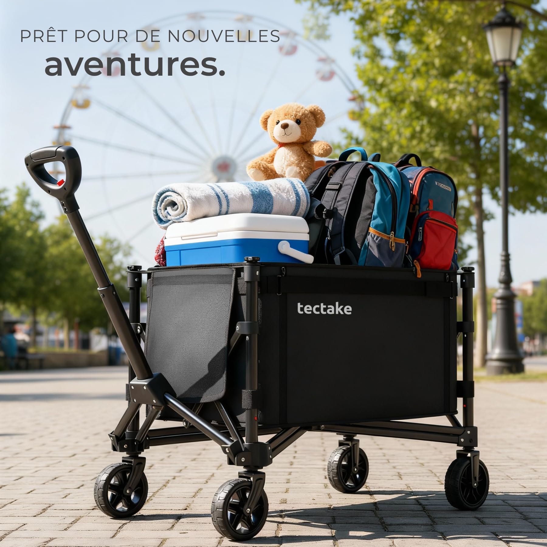 tectake® Chariot pliable multifonctions 120 L, Charge max 60 Kg, Chariot à roulettes, Poignée télescopique Roues amovibles, Idéal Camping, Plage, Jardin, Caddie, Courses, Demenagement, Festival, Pêche