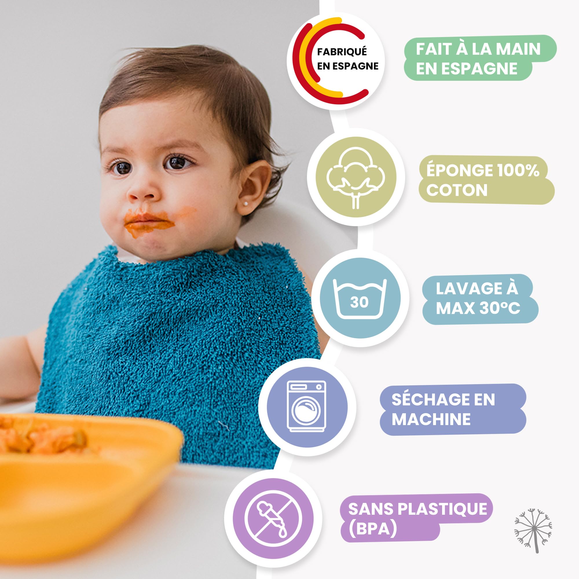 MIMUSELINA Lot de 5 Bavoirs Bebe Imperméables Réutilisables en Coton Premium avec Élastique au Cou | grand Bavoir Enfant BLW en Éponge Imperméable | Puericulture Bébé | Fabriqué à la Main en Espagne