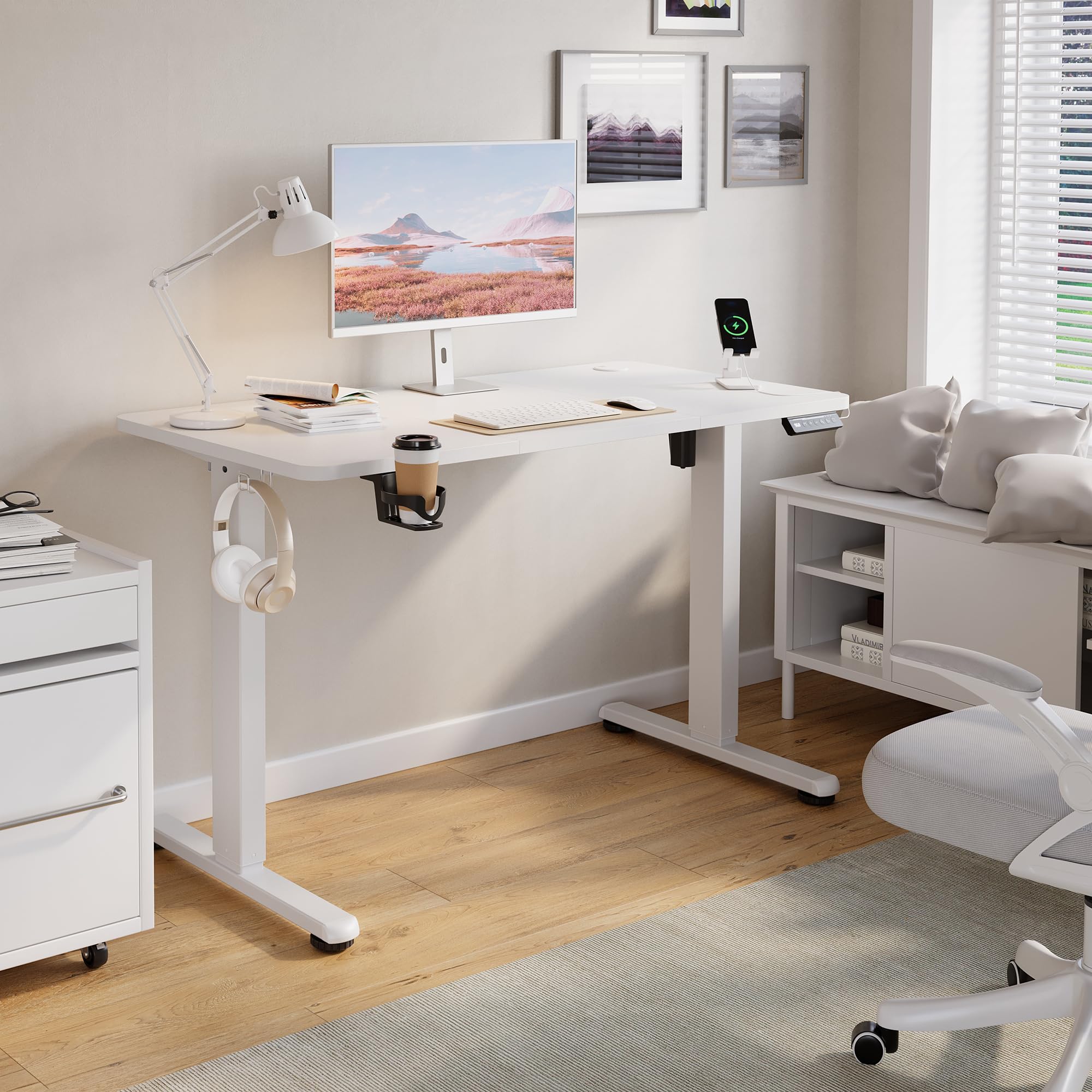 Höhenverstellbarer Schreibtisch mit USB-C Ladeanschluss 120 x 60cm, Memory-Funktion Stabiler Schreibtisch Höhenverstellbar Elektrisch, Steh-Sitz Tisch Stehpult Verstellbarer Computertisch, Weiß