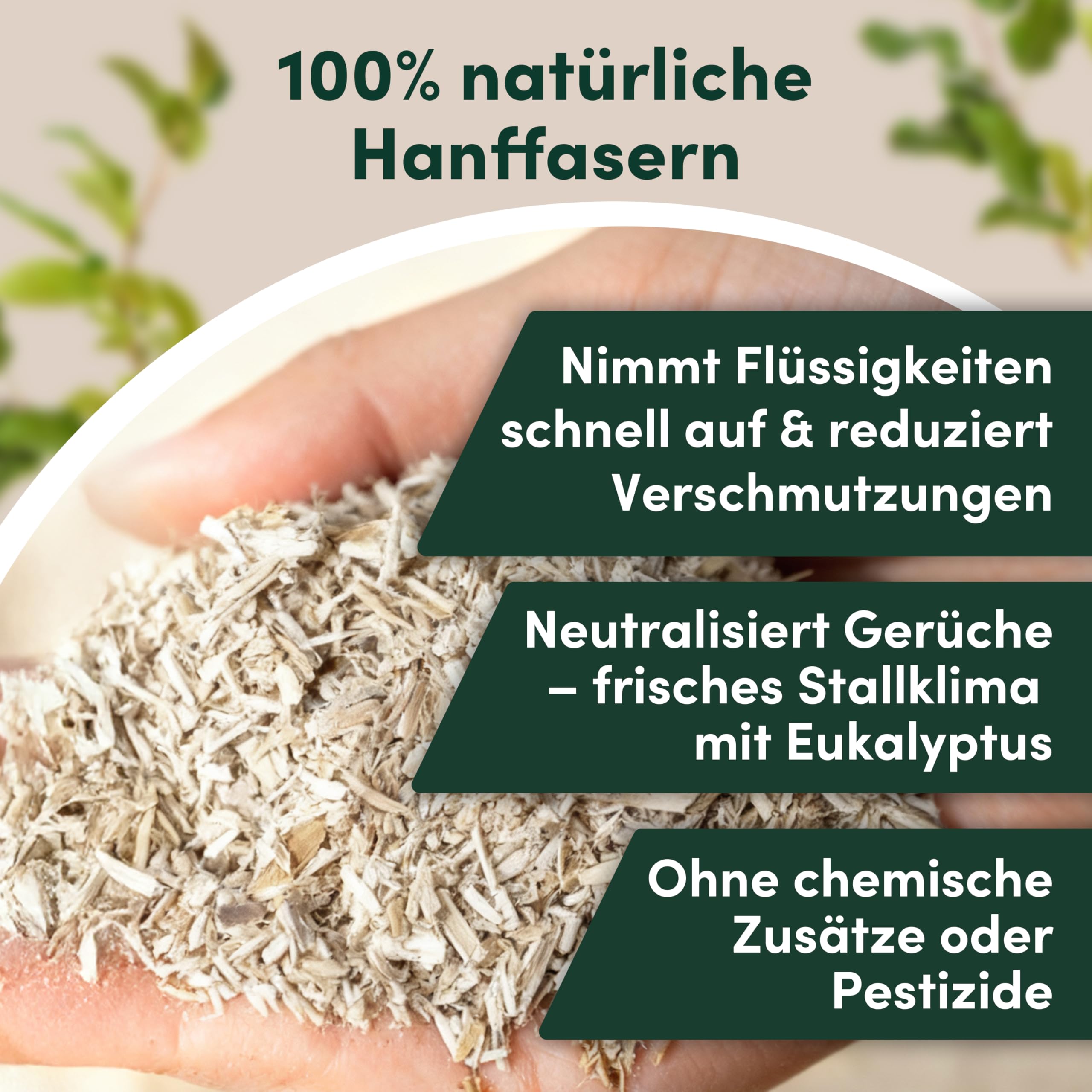 Hanfeinstreu (14 kg) mit Eukalyptus für Hühner, Kleintiere & Pferde – staubarmes Hanfstreu für Hühner & Pferde – extrem saugfähiges & kompostierbares Hanf Einstreu für Tierställe