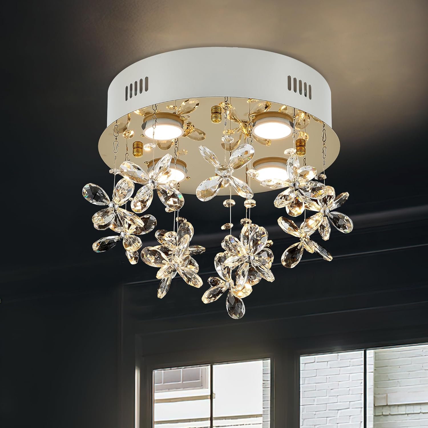 4-Lights Modern Chandelier K9 Crystal Lighting Fixture,11.8 Inch Round Stainless Steel Flush Mount Ceiling Lights for Bedroom Foyer Hallway Dining Room,GU10 Bulbs Include