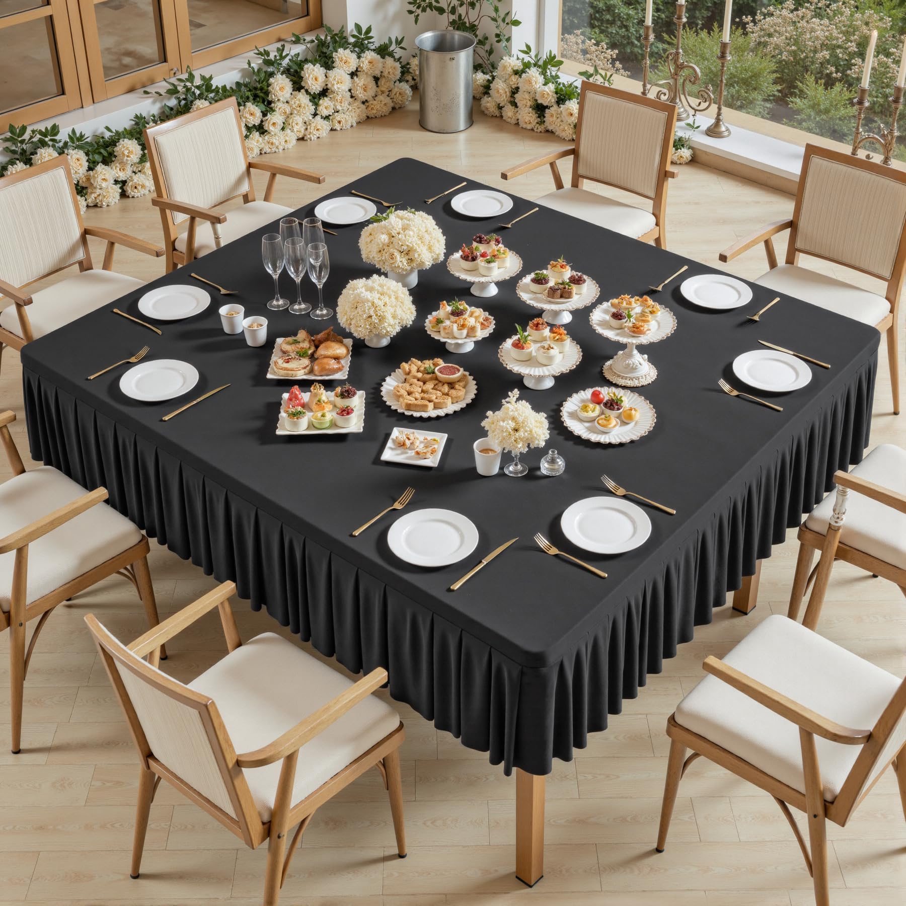 Wish Care Black Spandex Tablecloths for 60x60 Inch Square Tables, Stretch Fitted Table Clothes with Pleated Ruffle Skirt for 60” Table, Wrinkle Free and Elastic, for Party Kitchen Home Dining