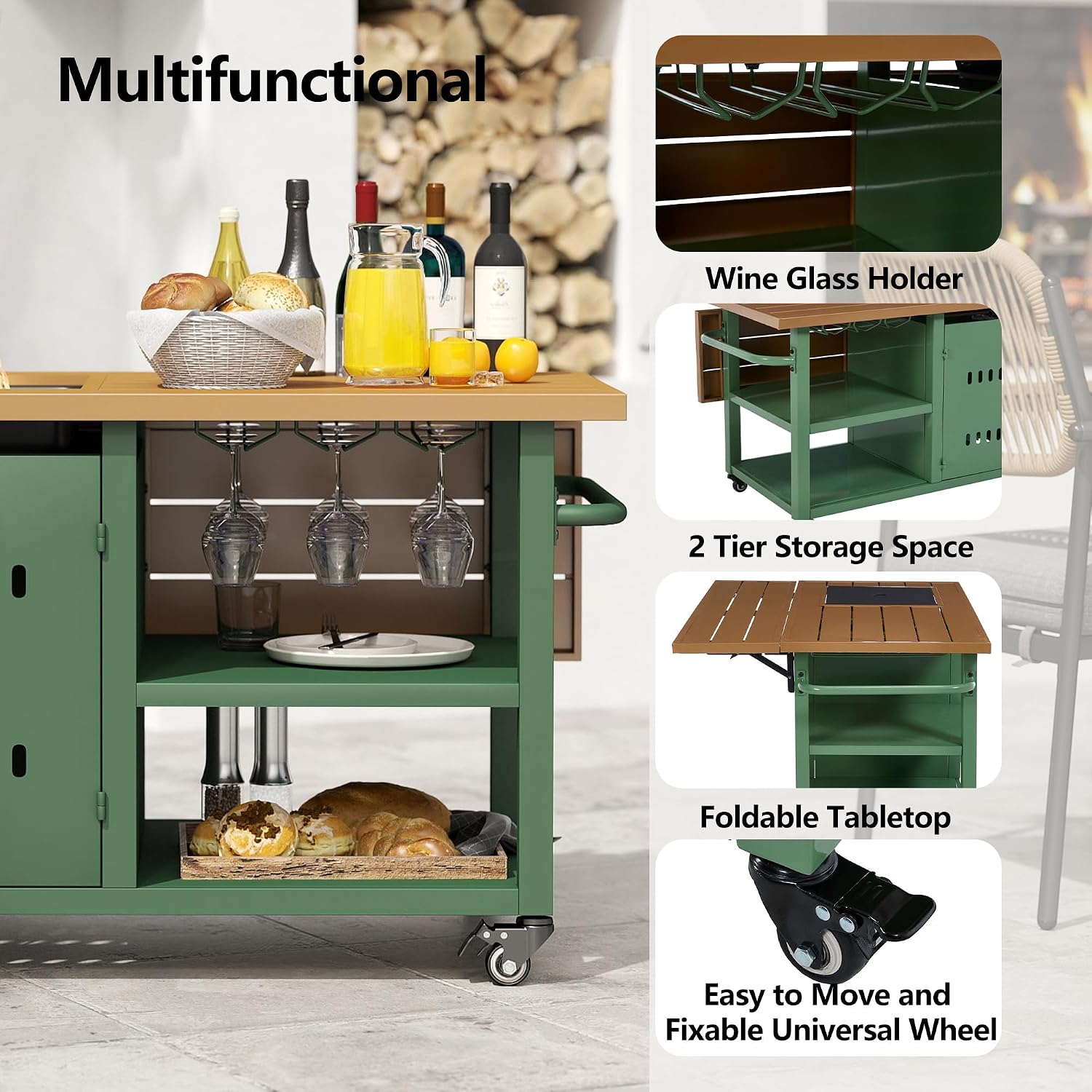 44" Propane Fire Pit, Outdoor Fire Pit Table with Cover, Outdoor Fireplace Gas Fire Pits for Outside Patio, Rectangular Firepit Table with Lid and Glass Rocks for Indoor/Deck/Backyard, Green