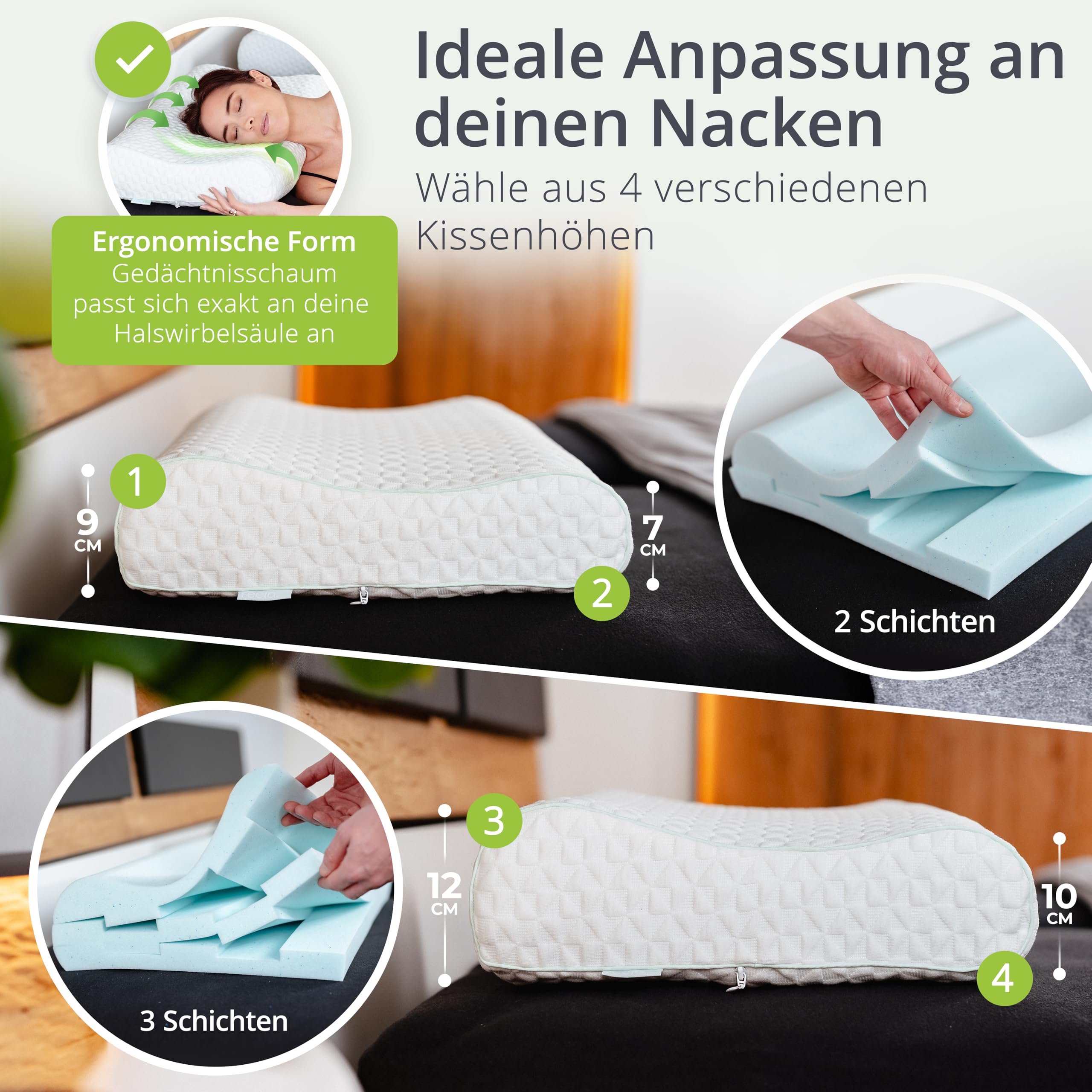 feela.® Orthopädisches Kopfkissen/Schlafkissen [3 Härtegrade] – Ergonomisches Memory Foam Nackenstützkissen gegen Nacken- und Schulterschmerzen, 80x40 cm Seitenschläferkissen (Groß, Fest)