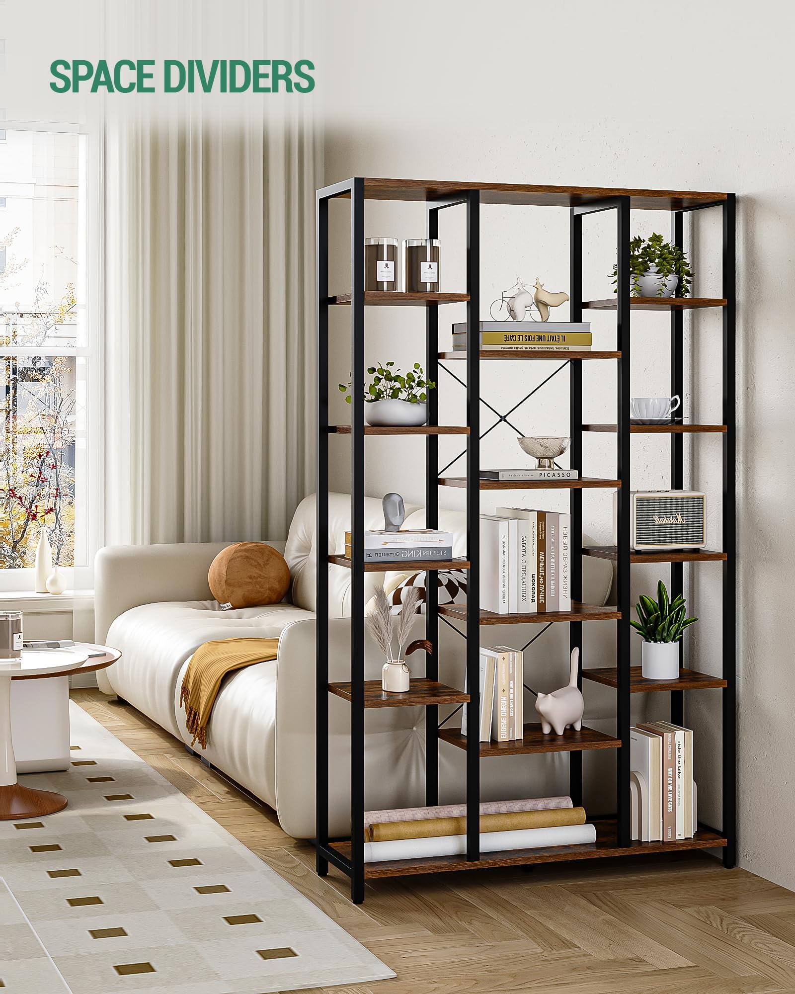Hzuaneri Libreria, Scaffale a 6 livelli con 15 Ripiano, Grande scaffale regolabile, per soggiorno, ufficio, camera da letto, studio, 30 x 100 x 170 cm, Marrone Rustico e Nero, BC15001B