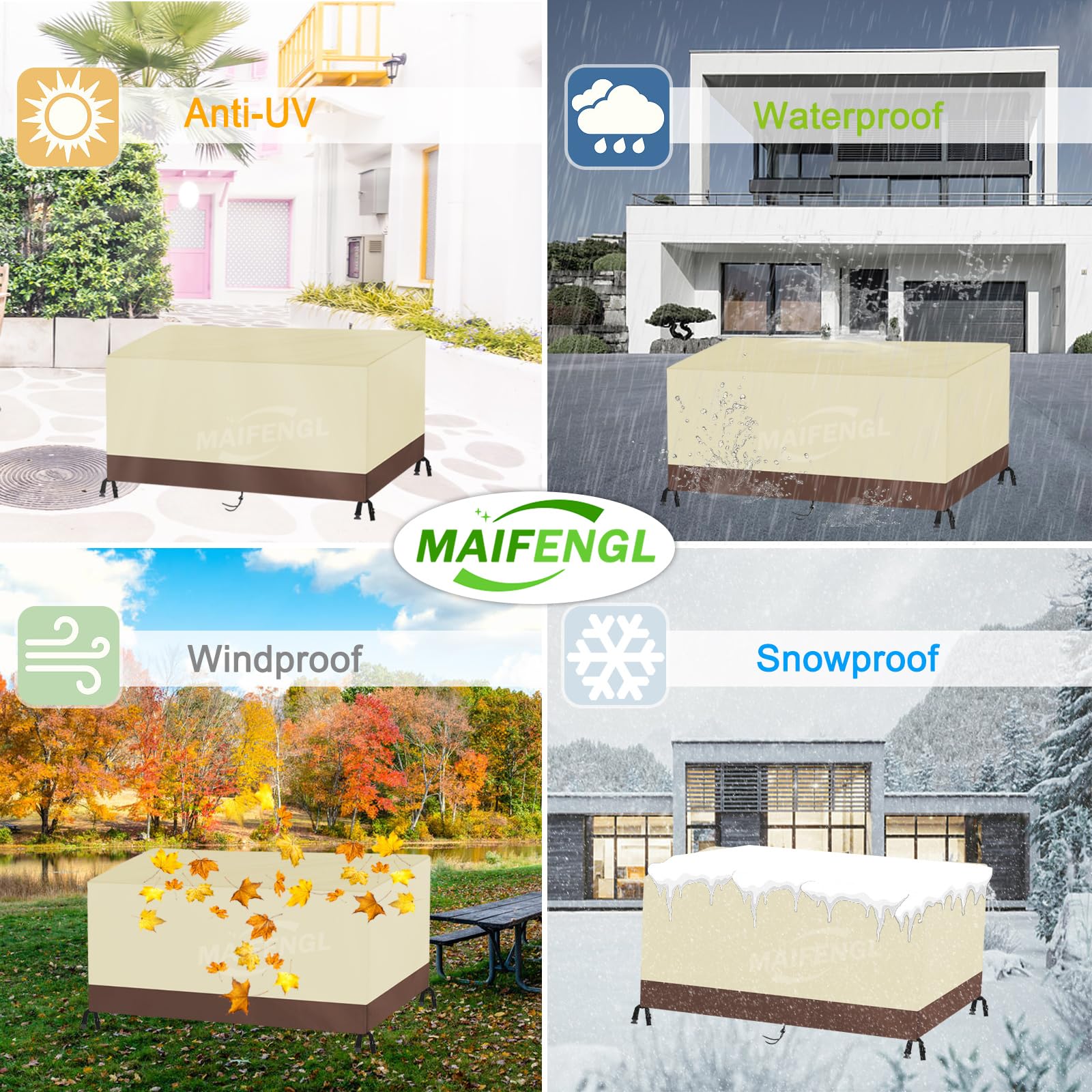 Fundas para Muebles de Jardín, Impermeable Anti-UV Cubierta Mesa Exterior 420D Oxford Rectangular Funda Protección para Muebles-BeigeBrown||160x95x75cm/63x37x30in