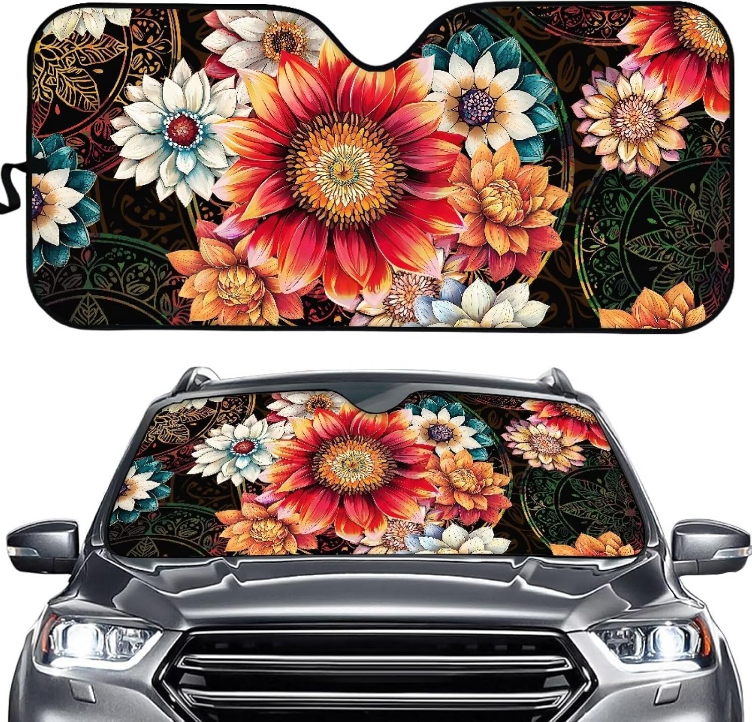 Red Sunflower Print Durable Car Windshield Cover Sunshade Blocks UV Rays Keeps Steering Wheel Seats Cool