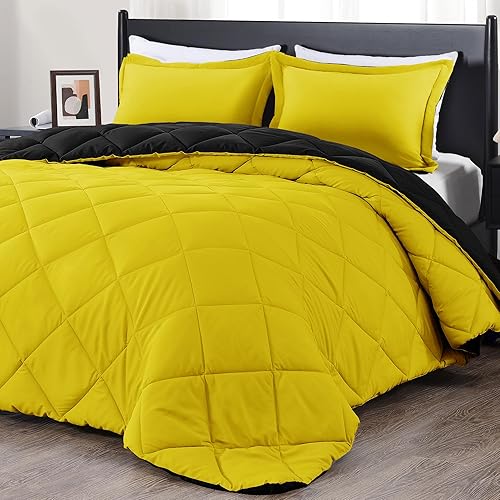 Downluxe - Juego de edredón ligero tamaño Queen y reversible con relleno alternativo y 2 fundas de almohada 3 piezas color limón y negro