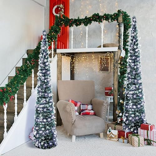 Miniatura 6 de Sosation 2 piezas de árbol de Navidad desplegable de 5 pies, color verde claro, de oropel delgado, con cuerda LED, lentejuelas artificiales, árbol