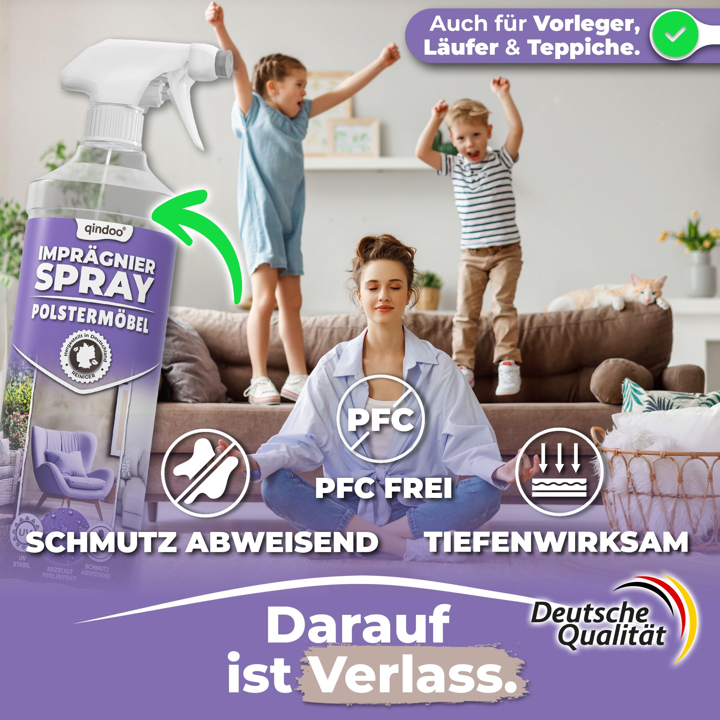 Textil Imprägnierspray Sofa & Polster-Möbel, Qindoo Fleckenschutz für Stoffe, Sitzkissen, Cord, Mikrofaser, Autositze, Geruchsneutral, wasser- & schmutzabweisend, PFC frei, Made in Germany 1,5 L