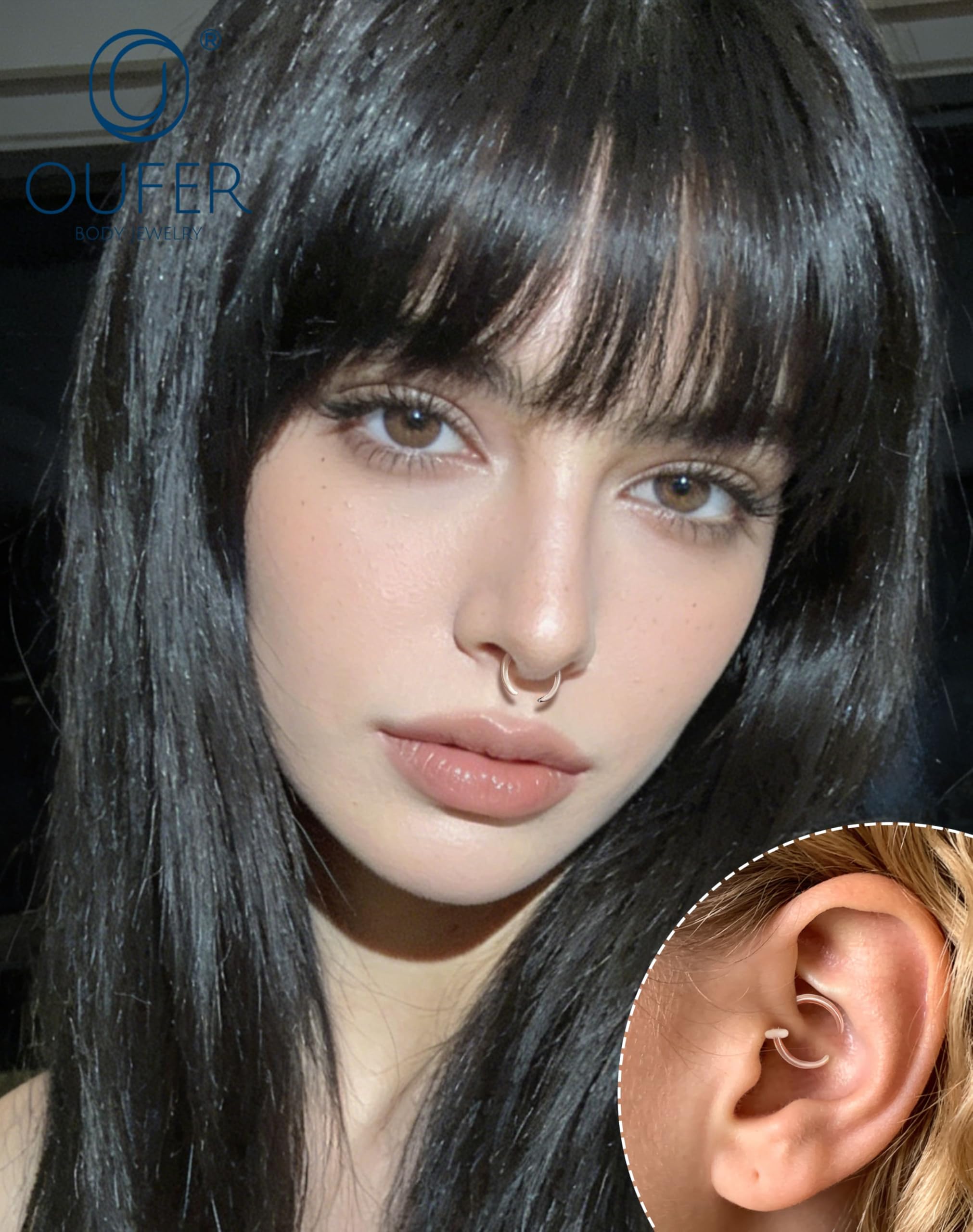OUFER Body Piercing Septum Hoop: C Shape Glass Pincher Tapers Stretching Piercing Jewelry Nose Gauge Earring Nipple Rings 14G Women Men — view 3