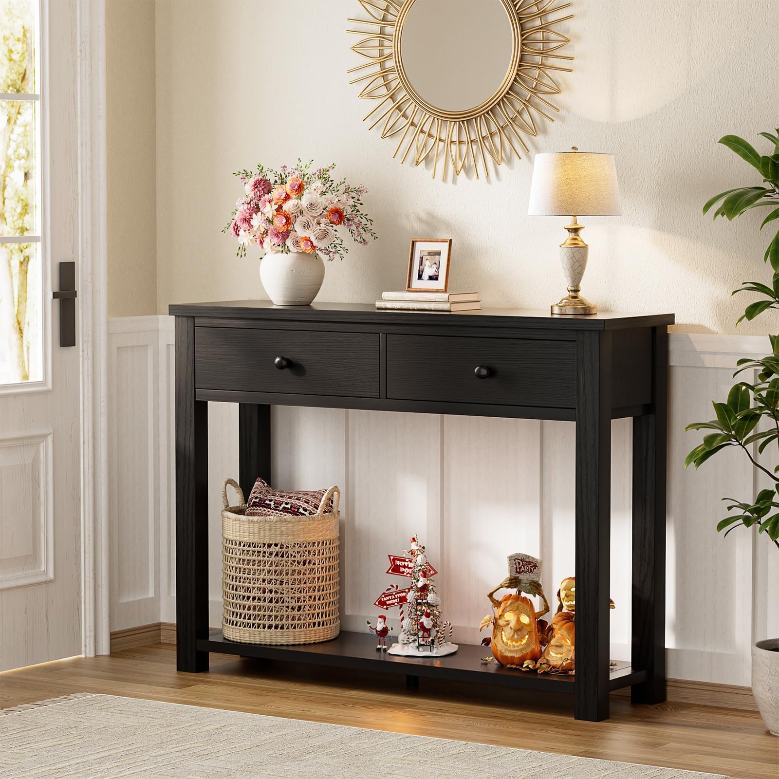 iSunirm Table console de style ferme en bois avec 2 tiroirs, table de 80 cm de large avec compartiment de rangement pour salon, derrière le canapé, table d'entrée pour couloir, salon ou entrée, Noir