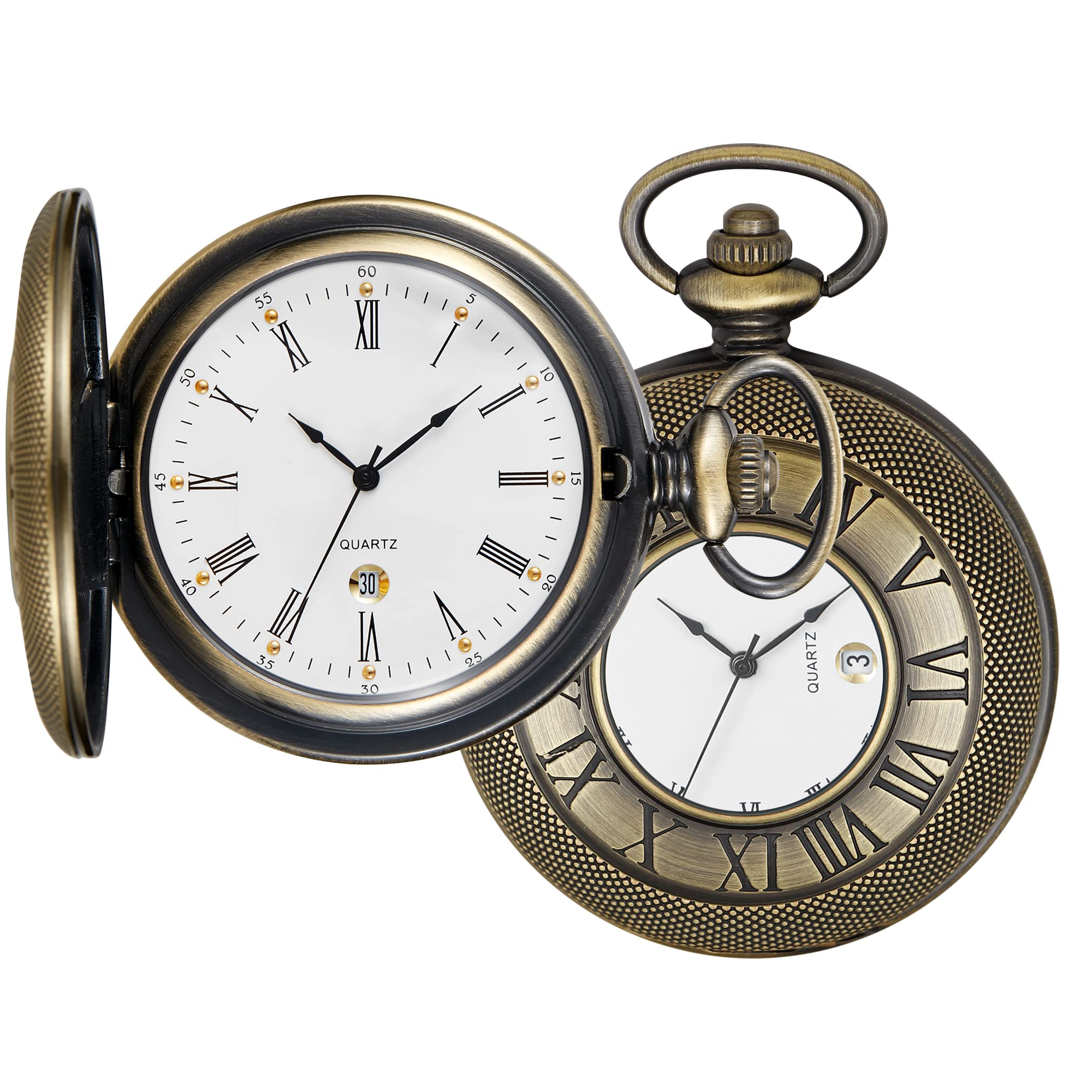 RealpooHollow Roman Digital Pocket Watch Cover for Men, Calendar Roman Dial Men's Quartz Pocket Watch with Chain, HVQ-bronze