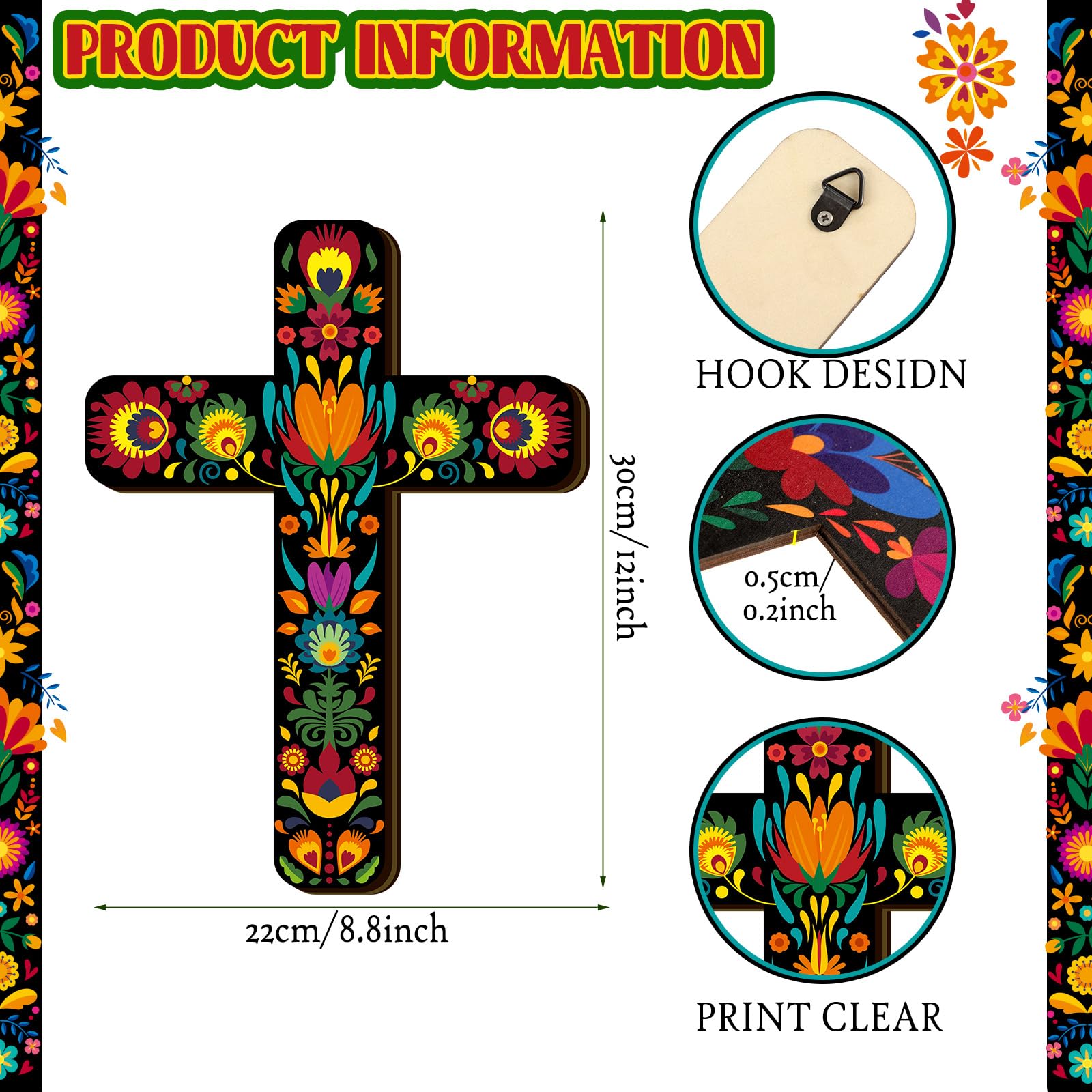 Soaoo 6 Pcs Floral Cross Wall Decor Mexican Home Decor Hand Painted Inspirational Wooden Cross The Ofrenda of The Dead Day Sugar Skull Wall Art Spanish Style Crucifix for Home Room Church Decoration