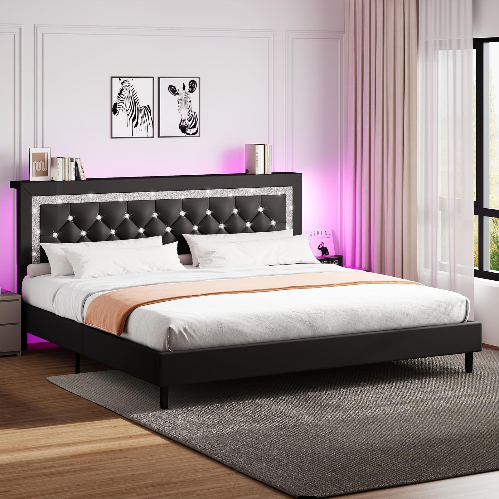 BarnFurin King Size Bed Frame with Storage Headboard King Bed Frame and Headboard Diamond Tufted and LED Lights