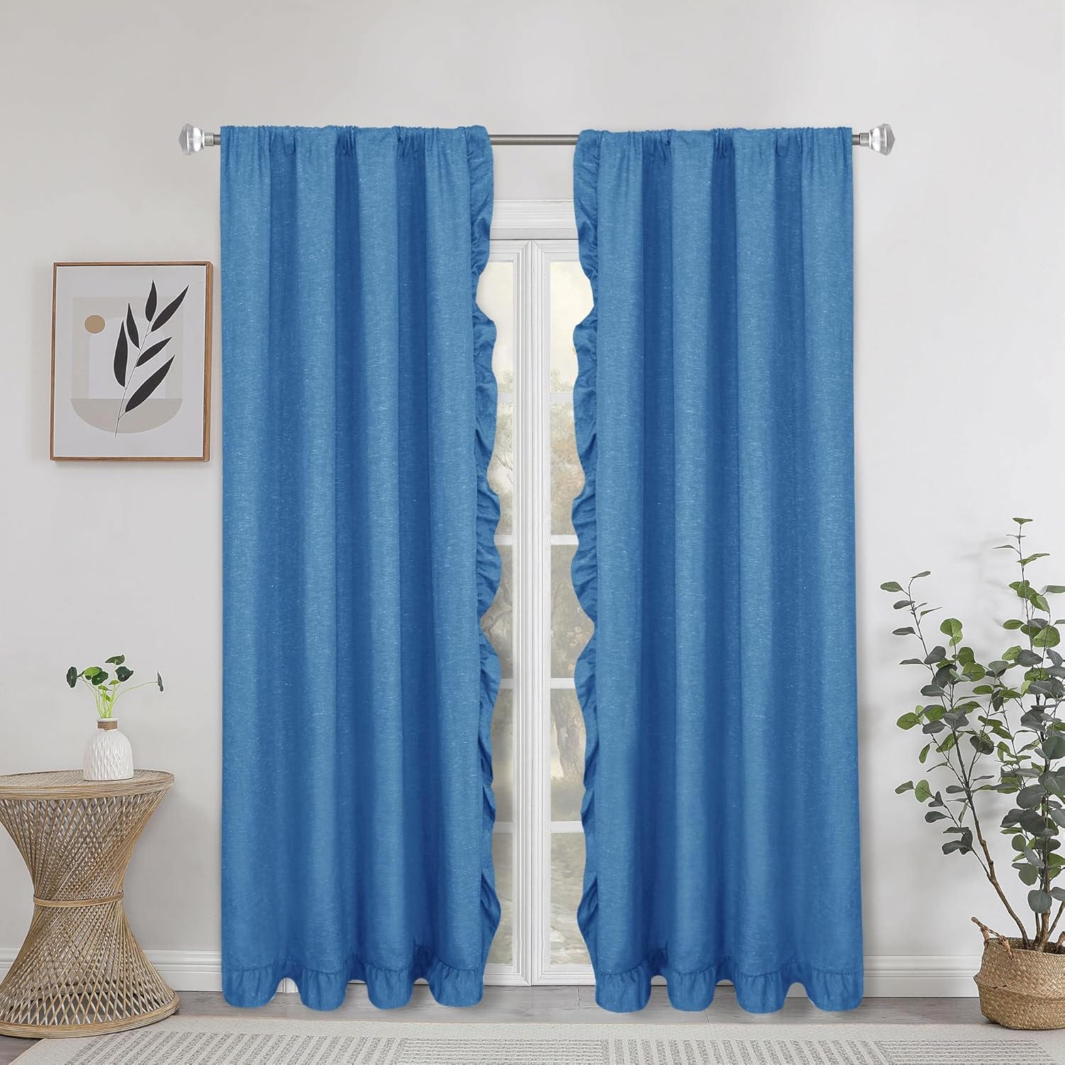2 Panel 52" W by 84" H Linen Window Curtain Set Rustic Style Decoration with Ruffled Edge, Tie Backs and Wall Adhesive Hooks (Blue)