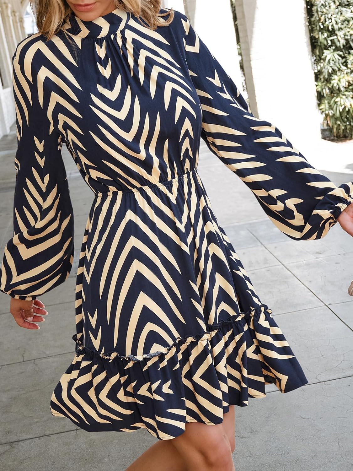 CUPSHE Ruffle Fall Dress for Women Geometric Stand Collar Long Sleeve Back Tie Cutout Smocked Mini Dresses - Image 4