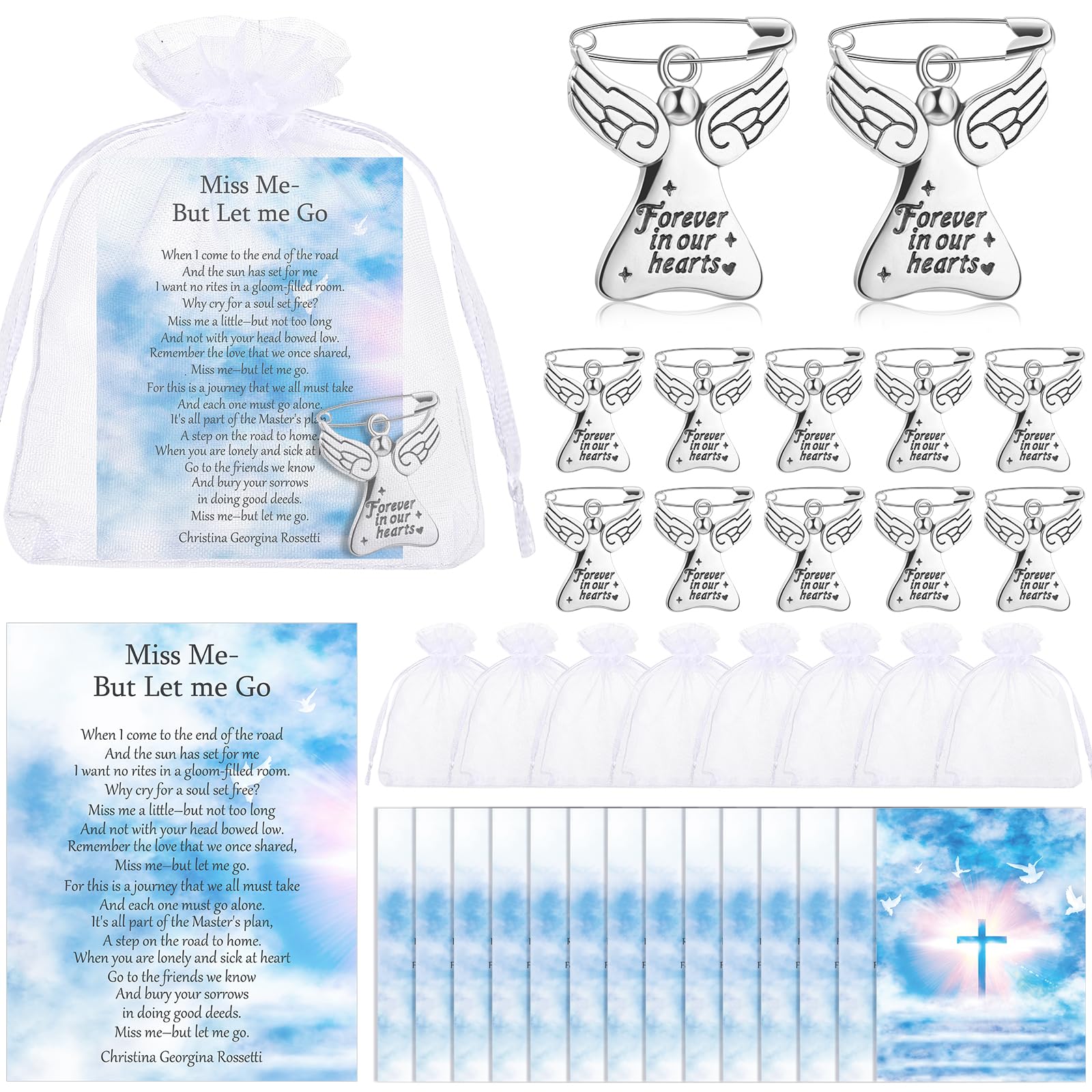 Sacs en organza pour invités deuil contenant 100 anges et cartes commémoratives