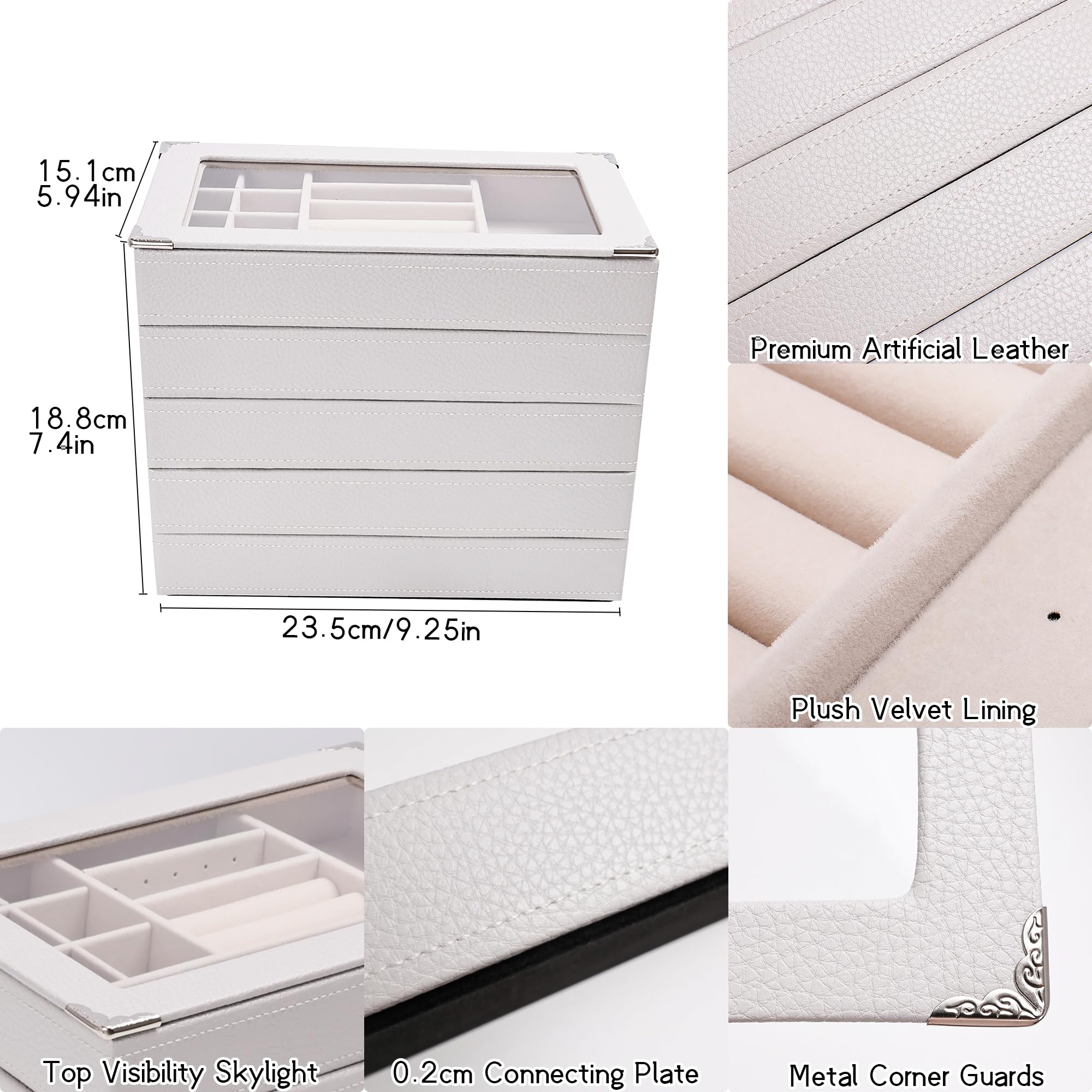 Bandeja organizadora de joyas apilable de 5 capas con tapa transparente, bandeja de exhibición de joyas para cajón, joyero grande para tocador (gris claro, Cinco capas de tapa de separación)