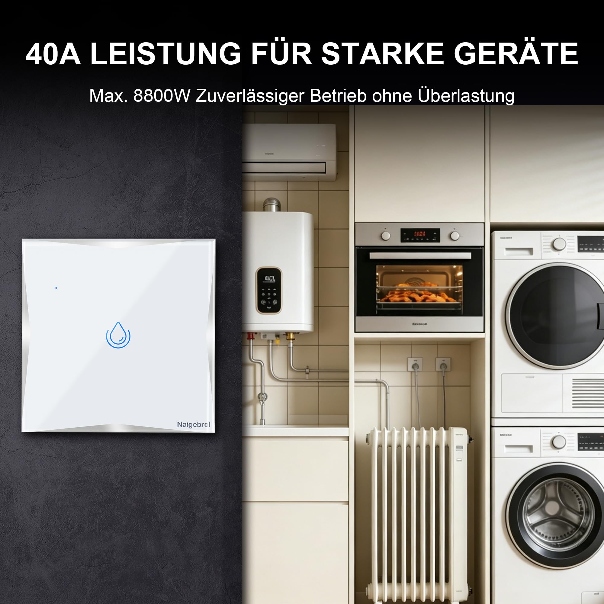 Interruttore intelligente WiFi 123 40 A per scaldabagno, interruttore touch da parete con conduttore neutro, vetro temperato bianco con cornice argentata, app TUYA, compatibile Alexa e Google, 230 V