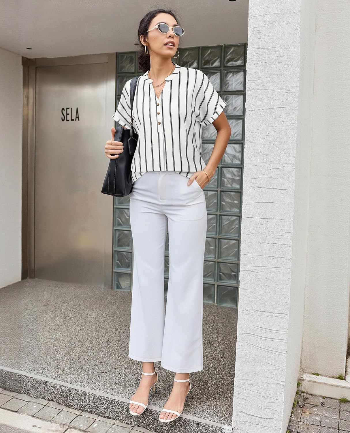 Striped Shirt Women Henley V Neck Button Up Shirt Cap Short Sleeve Blouses Business Dressy Casual Clothes - Image 4