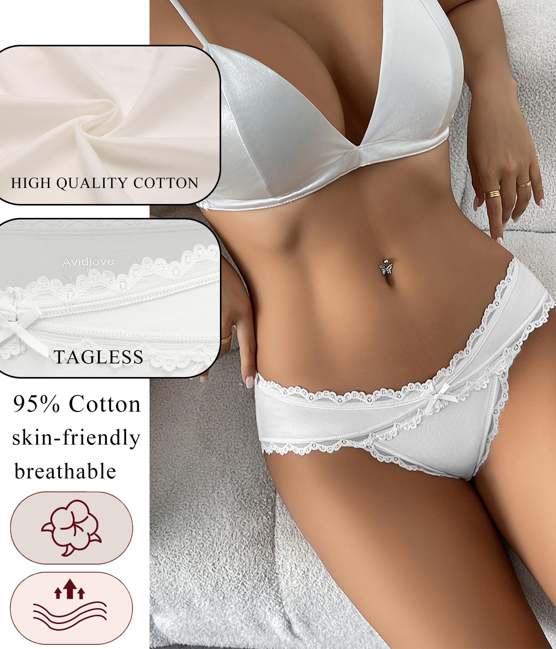 Avidlove Womens Underwear Cotton Panties Cheeky Bikini Underpanties Lace Stretch Hipster Briefs: XX-Large White