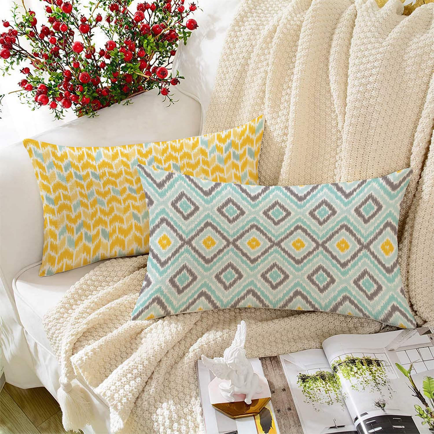 STITCHNEST Set of 2 Polycotton Cushion Covers – 12x18 Inches – Yellow & Aqua Ikat-Inspired Geometric Print – Vibrant Cushion Covers for Sofa, Couch & Living Room Decor