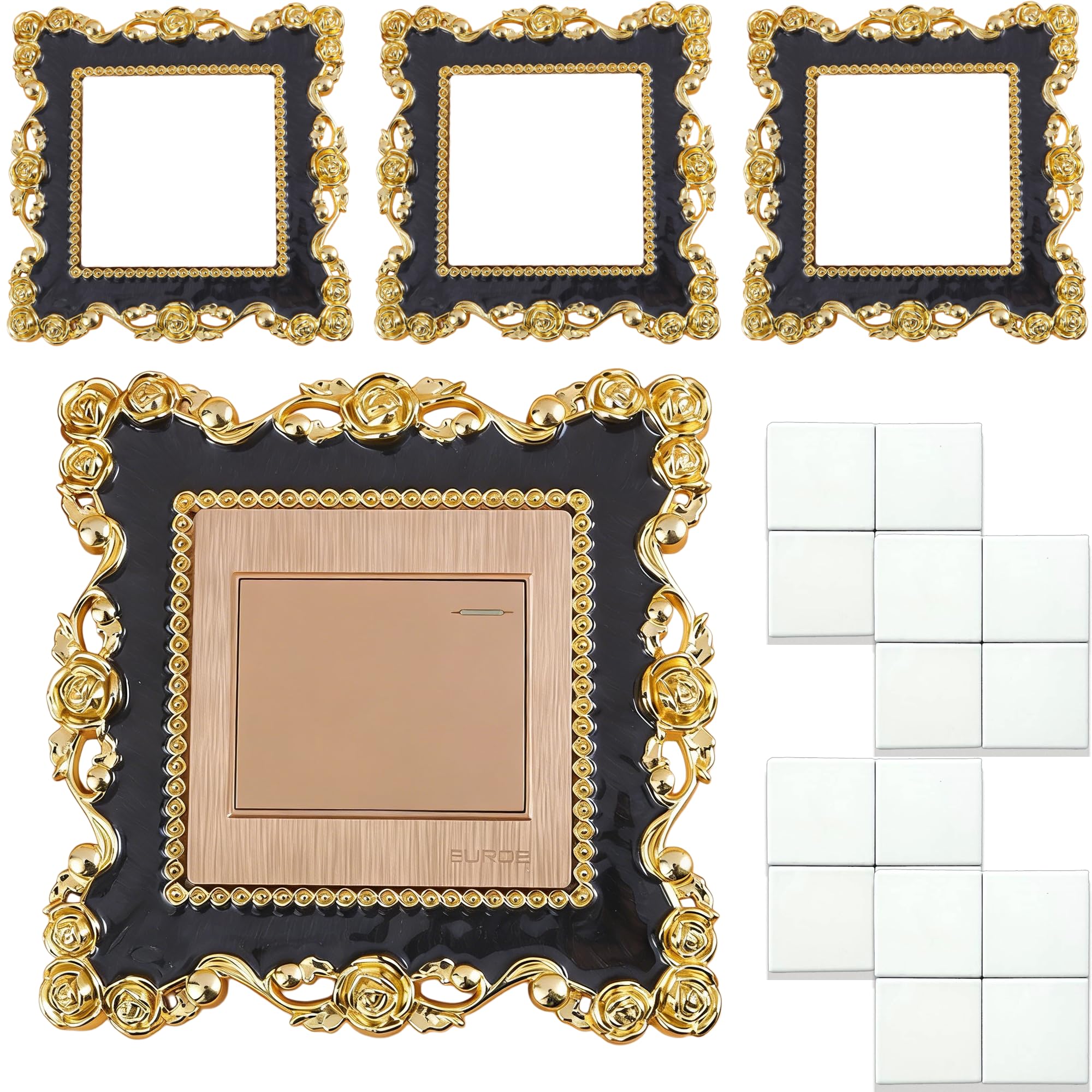 Dwuent Black & Gold Light Switch Surround, Light Switch Cover Plates, Light Switch Covers, 4Pcs Golden & Black Switch Plates, 8.6X8.6cm Plastic Wall Switch Covers For Living Room, Office, Home Decor