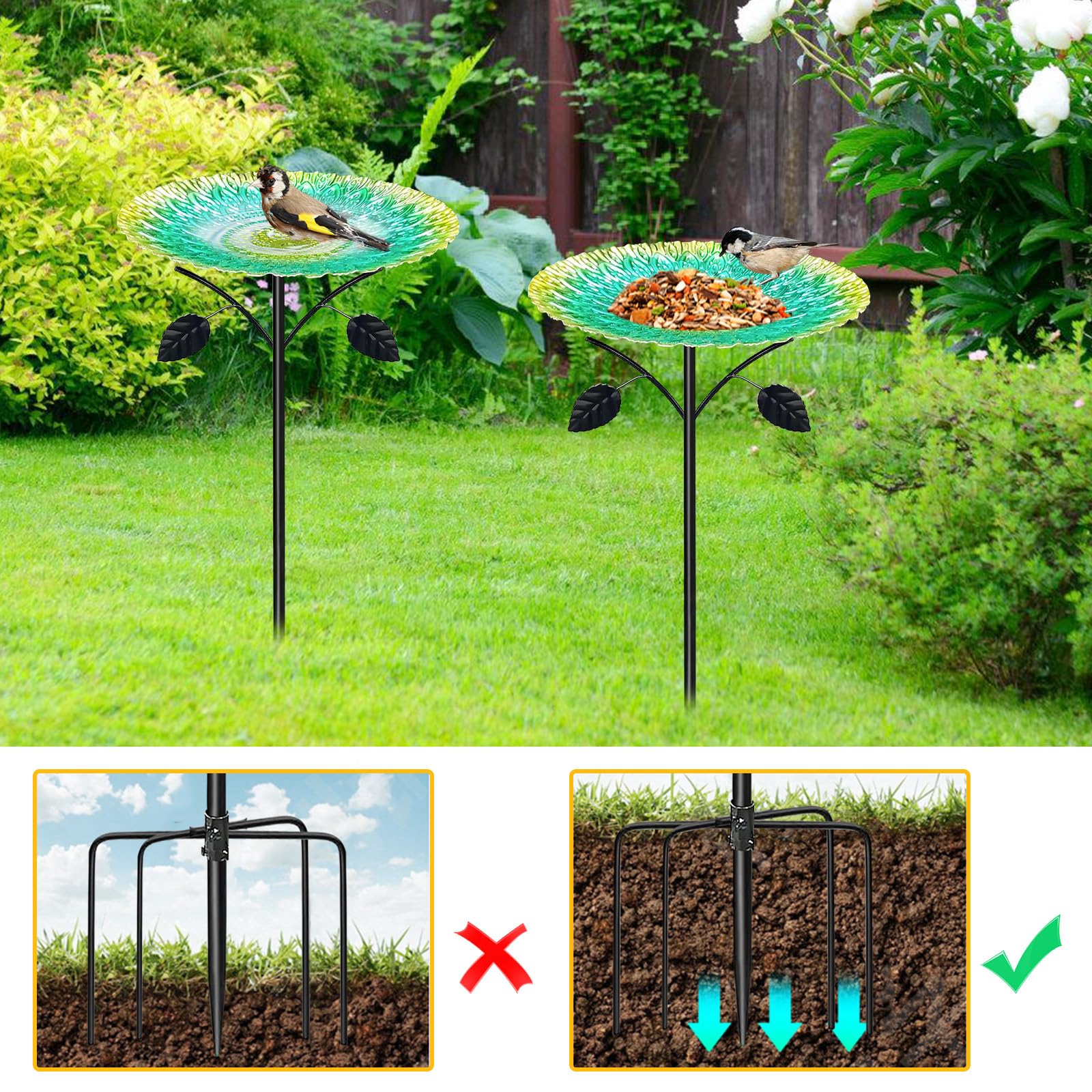 Bebedero para pájaros de pie, grande, 83 cm, de metal, baño para pájaros de pie, para jardín, resistente al invierno para exteriores, bebedero de agua antiguo para pájaros, bebedero de jardín con base
