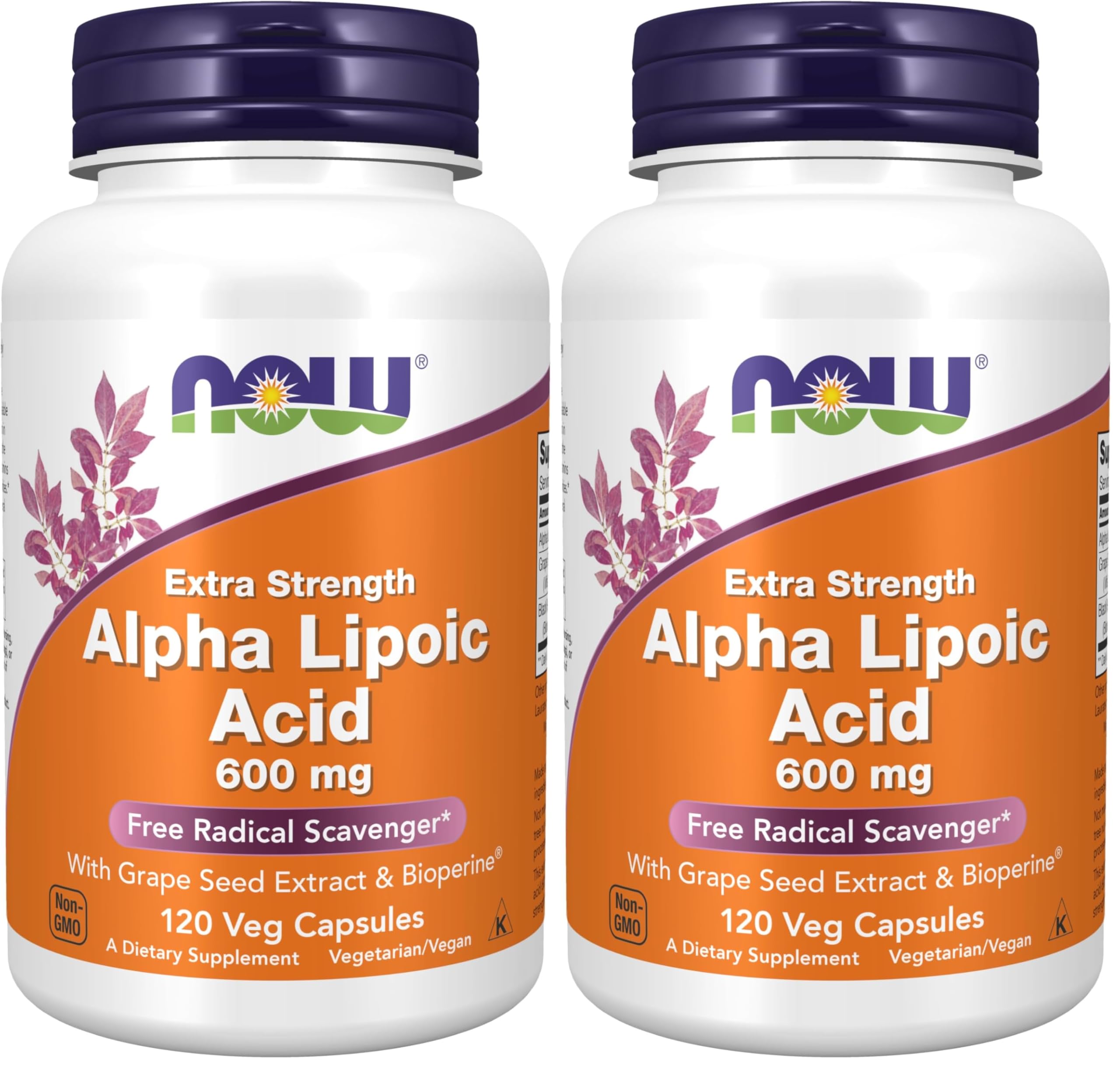 NOW Foods Supplements,Alpha Lipoic Acid 600 mg with Grape Seed Extract & Bioperine®,Extra Strength,120 Veg Capsules,(Pack of 2) 120 Count (Pack of 2)