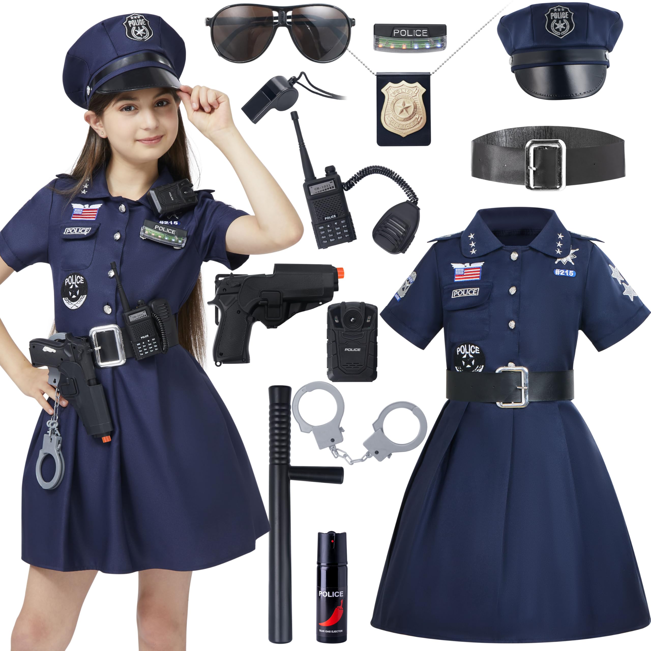 Spooktacular Creations Disfraz de oficial de policía para niñas, disfraz de policía para niñas, estilo fresco y oscuro para disfraces de Halloween y fiestas temáticas para niños (grande (10-12 años))