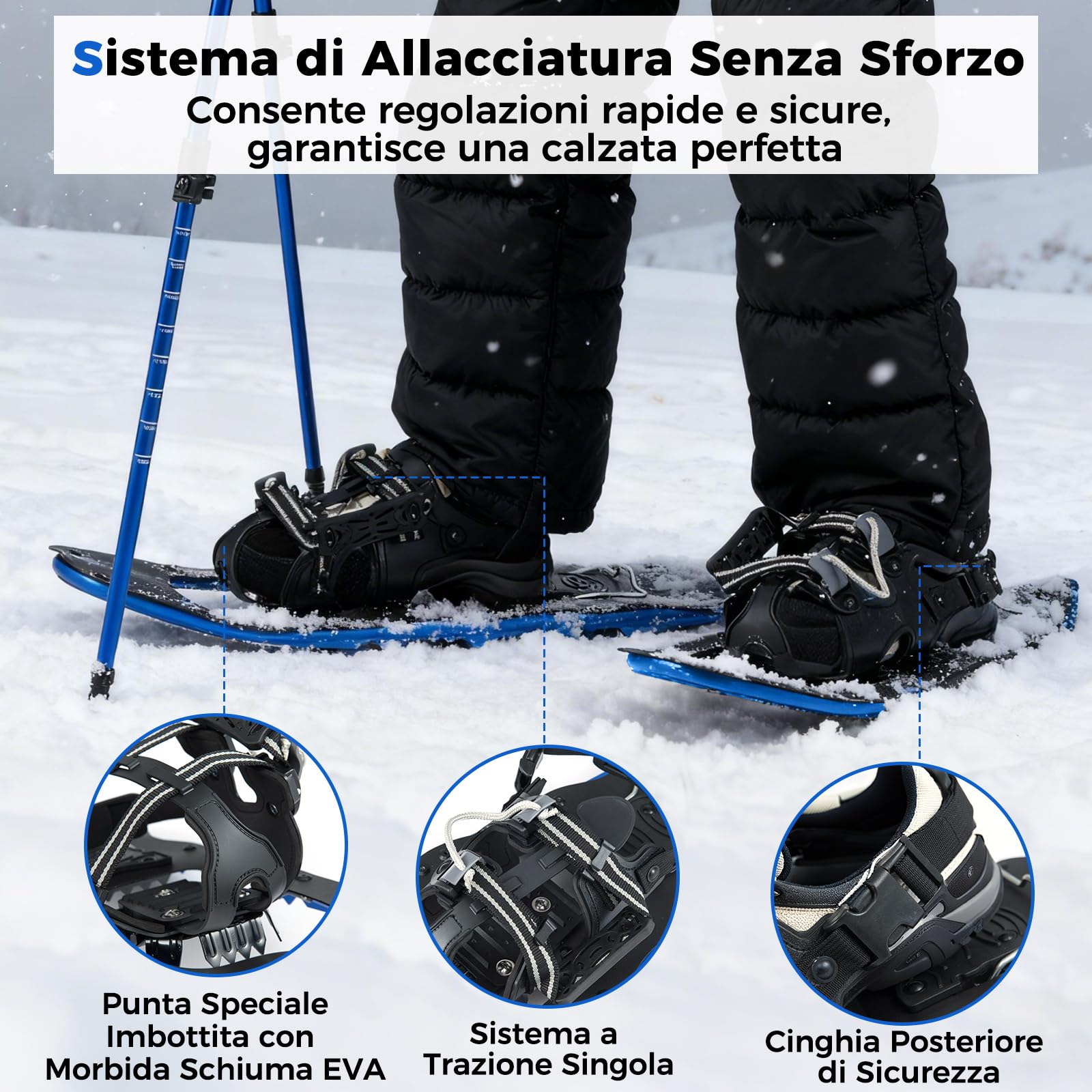 COSTWAY Ciaspole da Neve 54/63 cm, Racchette da Neve con Bastoncini da Trekking, Legacci Regolabili Imbottiti in EVA con Chiusura a Tiraggio Singolo e Sollevatore per il Tallone