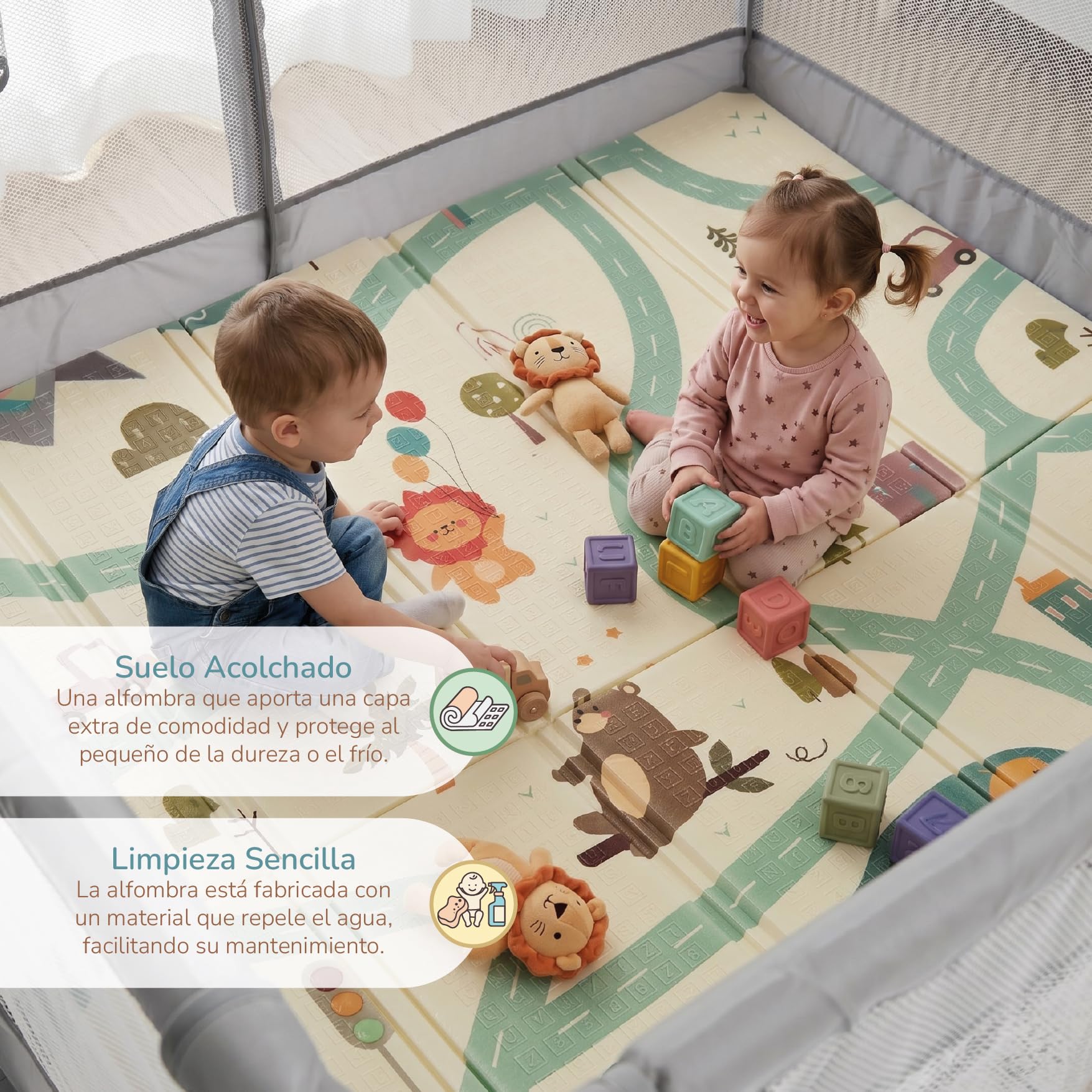 Buddy Baby Park- Parque Infantil Bebe 120x120cm + Alfombra + Agarraderas + Canasta + Bolas – Corralito Bebe con Malla Transpirable – Parque de Juegos Bebe Plegable con Puerta Lateral (Gris)