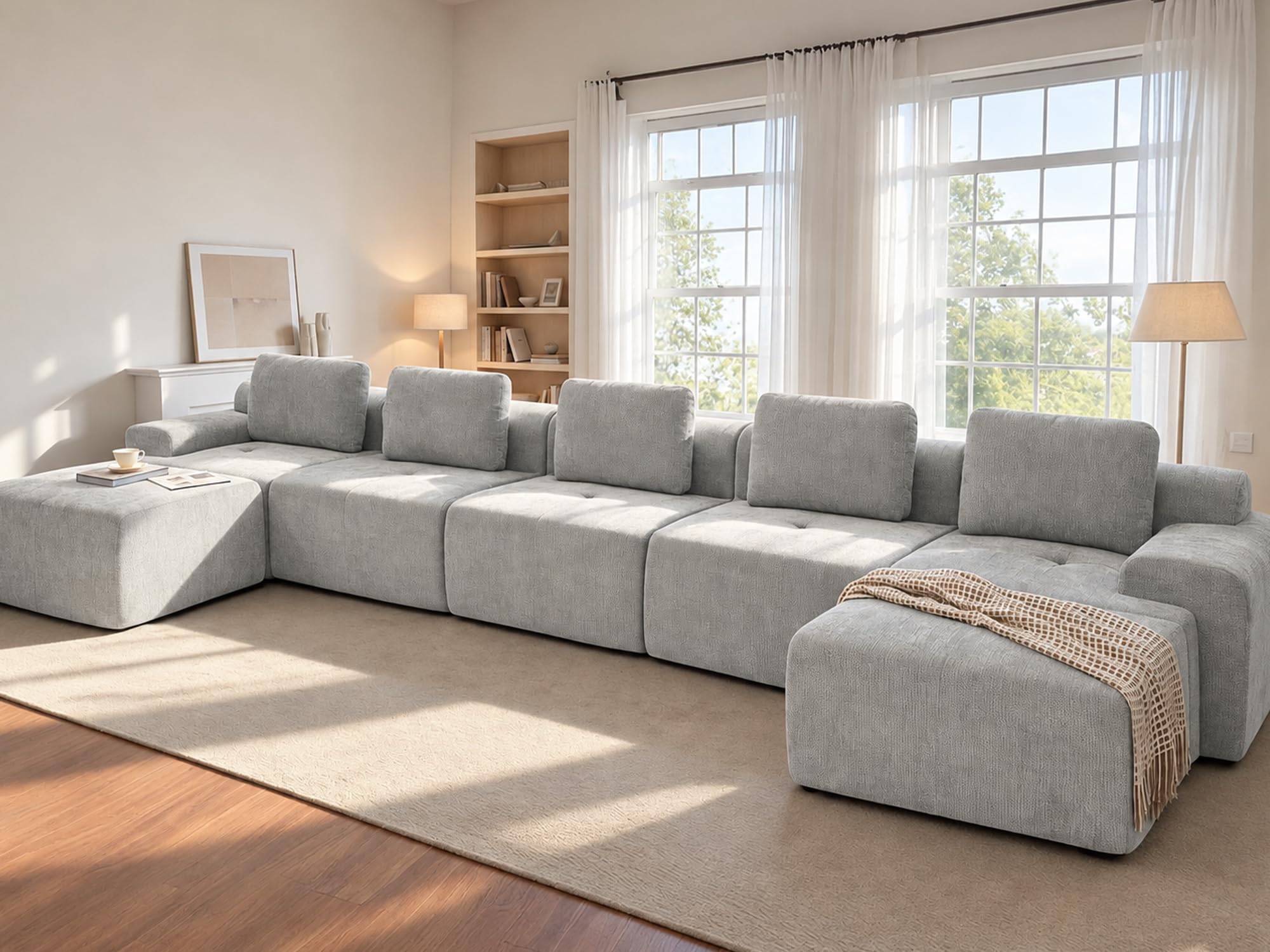 196" U Shaped Oversized Boneless Couch, Comfort Cloud Sectional Couches for Living Room, Modular Sofa High Back &amp; Extra Deep Seat, No Assembly, Soft Chenille(Light Grey, 196 inch-U shaped（5+2）)