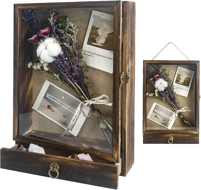 Shadow Box Frame with Drawer, 2.6" Deep Shadow Box Display Case with Real Glass, Wooden Memory Box for Pictures, Memorial, Medals, Flowers, Wedding Bouquet for Wall or Tabletop Brown