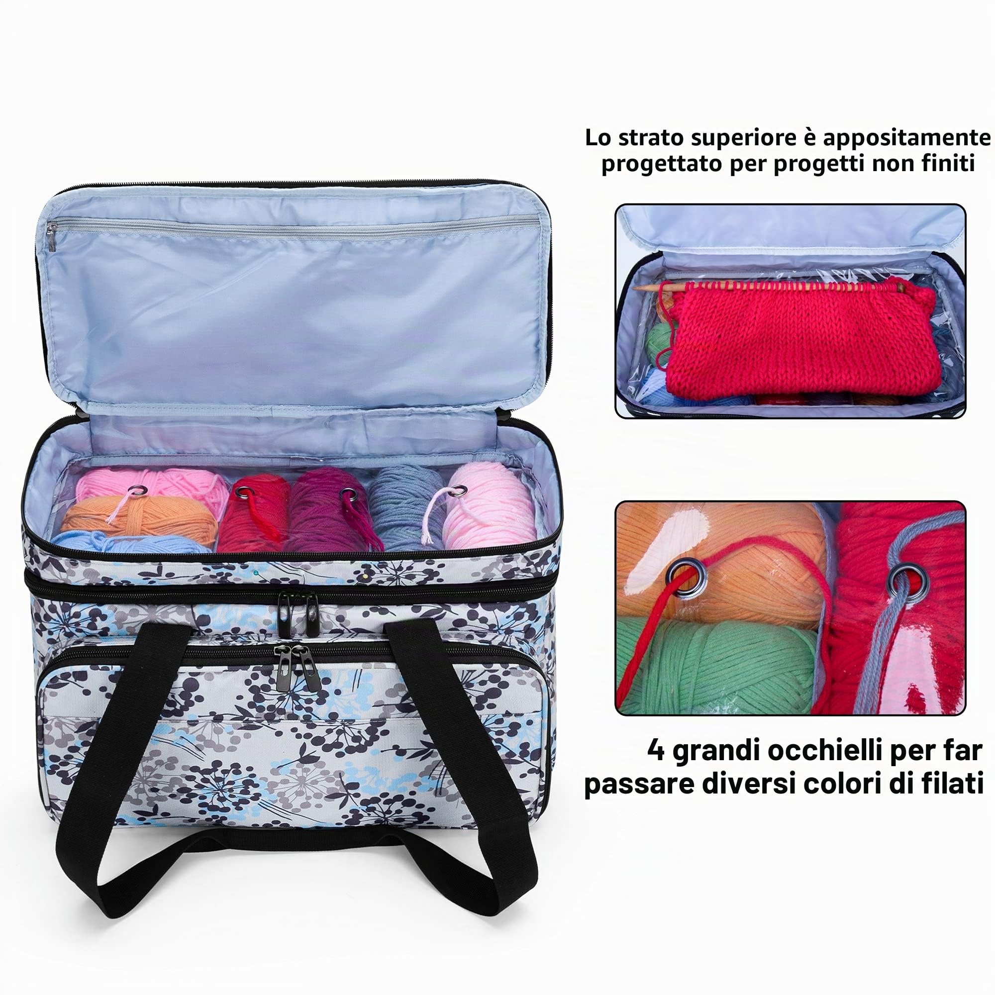 CURMIO Borsa per Lavori a Maglia Doppio Strato, Dente di Leone | Organiser per Filati/ Uncinetto/ Ferri Maglia (Fino a 14 Pollici), Elastici Multipli & Scomparti, 4 Occhielli, Solo Borsa