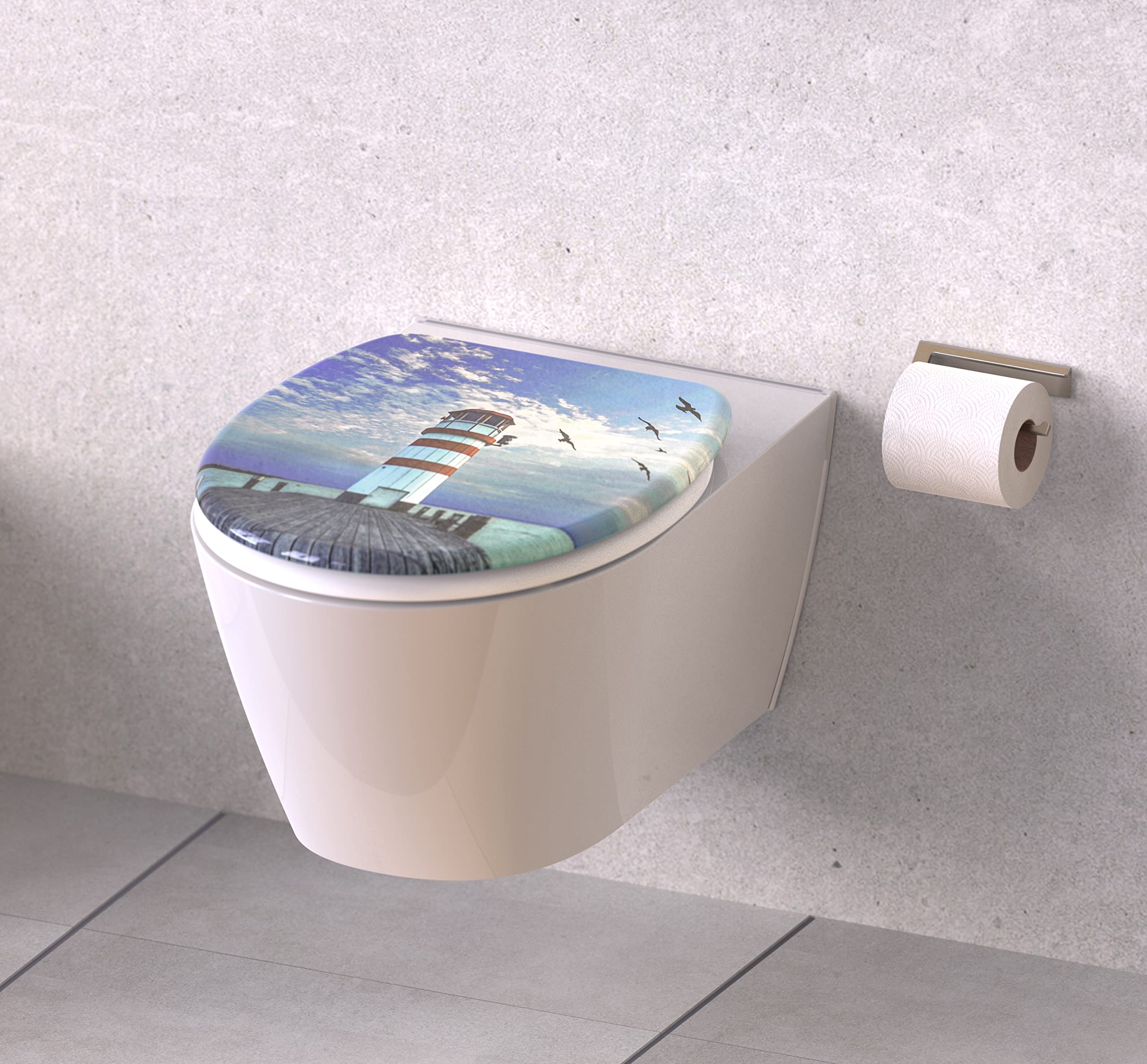 SCHÜTTE WC-Sitz LEUCHTTURM mit Absenkautomatik aus Duroplast | hochwertiger Toilettendeckel mit 175kg Belastbarkeit, Toilettensitz mit Brille, Klodeckel für WC, Klobrille mit Motiv