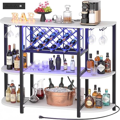 Unikito Wine Bar Cabinet with LED Lights and AC Outlets with USB-C Ports