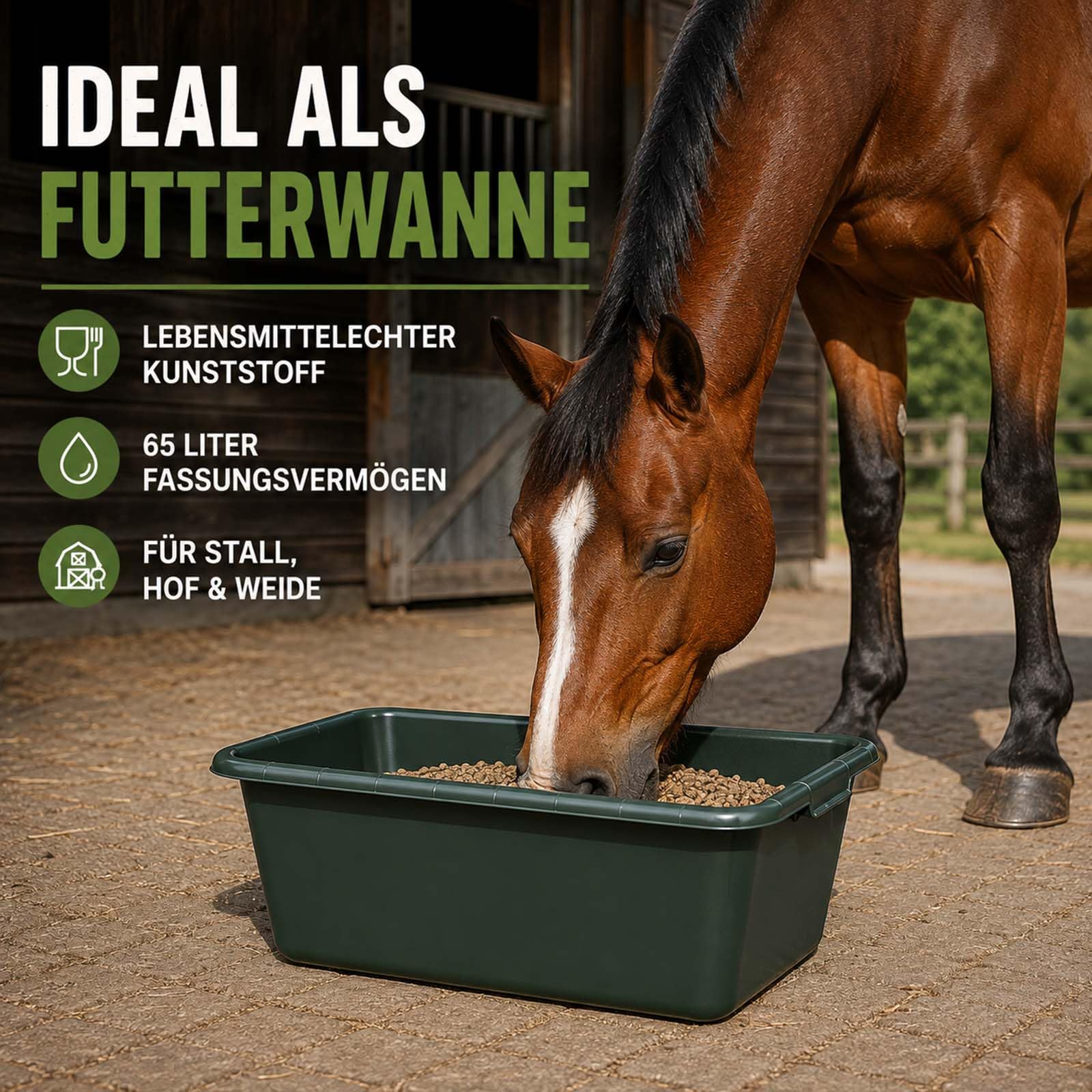 BURI Wildwanne 65 Liter 5er Set XL Futterwanne Grün Lebensmittelecht Robust | BURI, lebensmittelecht, Wasserbottich, Wildwanne, Pferdetränke, Jagdwanne, robuster Kunststoff, Stallbedarf, langlebig