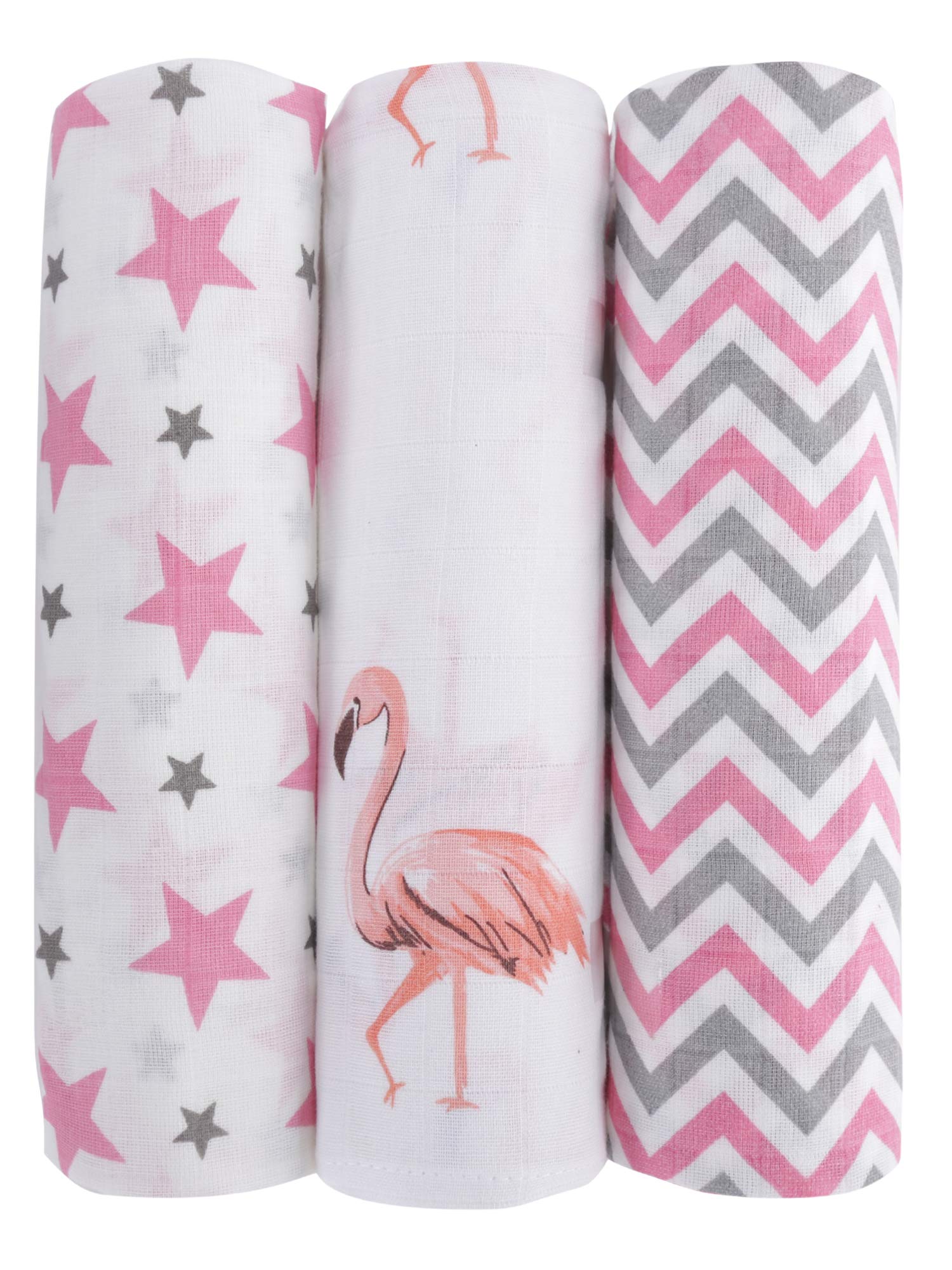 Haus & Kinder100% Cotton Swaddle Wrap for New Born Baby, Printed Muslin Swaddle for Baby Girl & Boy, Multicolor Muslin Cloth for New Born Baby Set, 100x100cm, Pack of 3, Chevron Stripes Star Flamingo