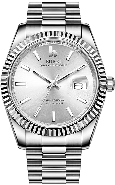 BUREI Men Quartz Wirst Watch Modern Analog Dial with Date Window Sapphire Crystal Lens Stainless Steel Case and Band