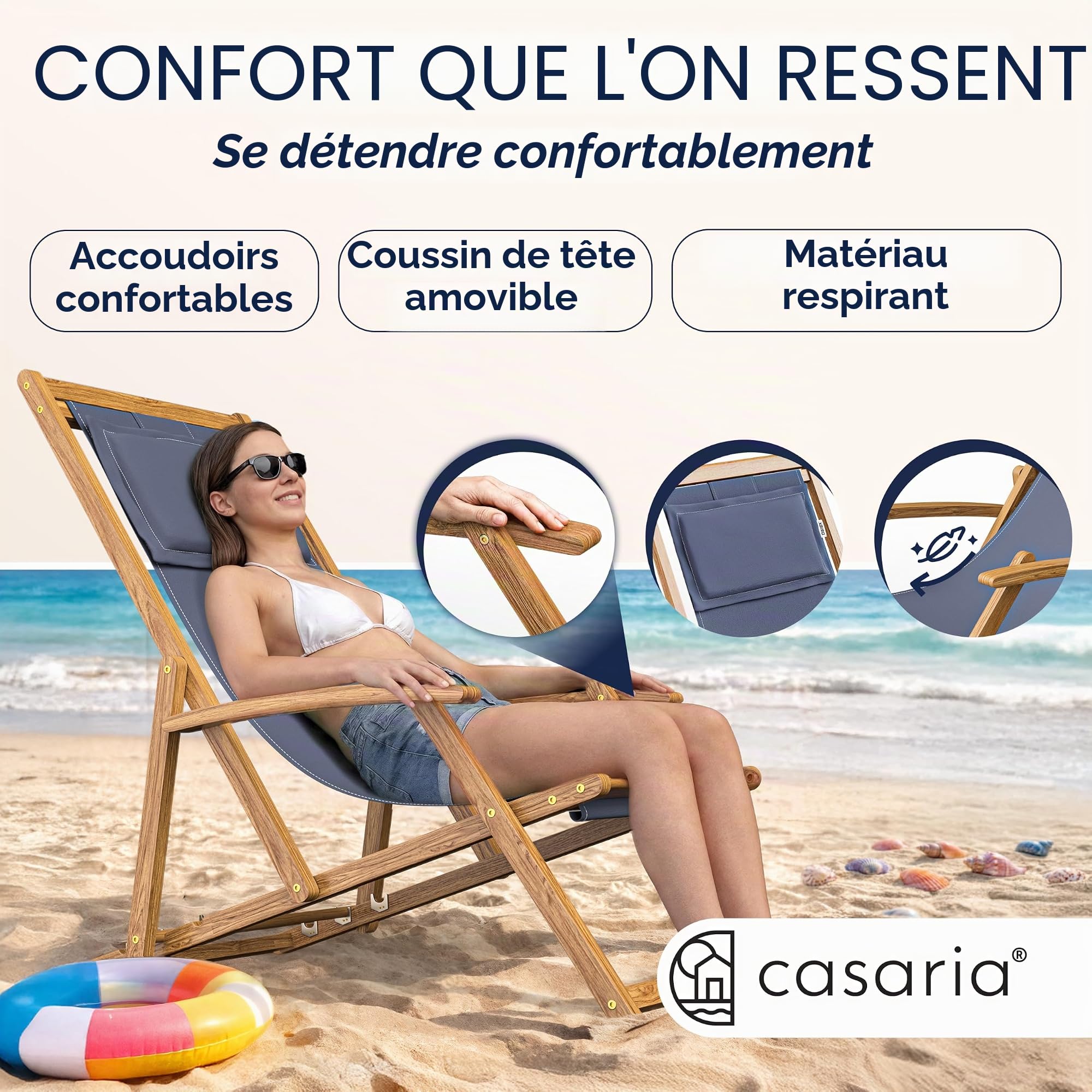 Casaria® Chaise Longue Pliante en Bois Anthracite Chaise de Plage 3 Positions Chilienne transat Jardin Exterieur