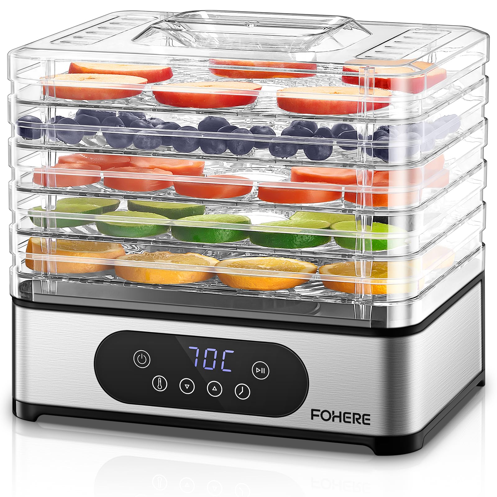 FOHERE Voedseldroger, 420 W, voedseldroger met 5 standen, temperatuur 35 °C/70 °C, handmatige tijd- en temperatuurinstelling, dehydrator voor fruit, groenten, vlees, BPA-vrij