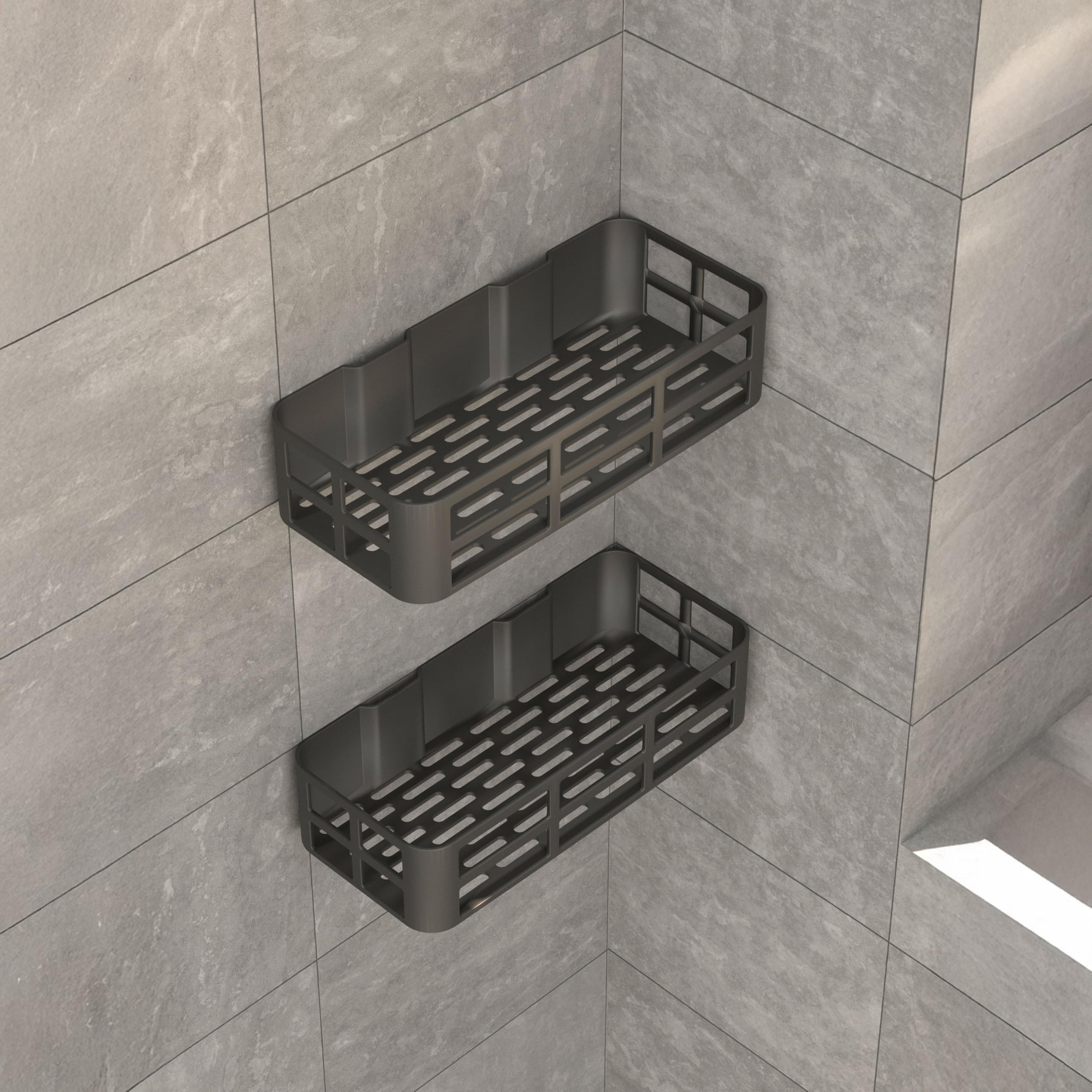 Deconox 2'li Set Siyah Yapışkanlı Banyo Duş Rafı - 27x12 cm Matkapsız Montaj Şampuanlık ve Mutfak Baharatlık Organizeri