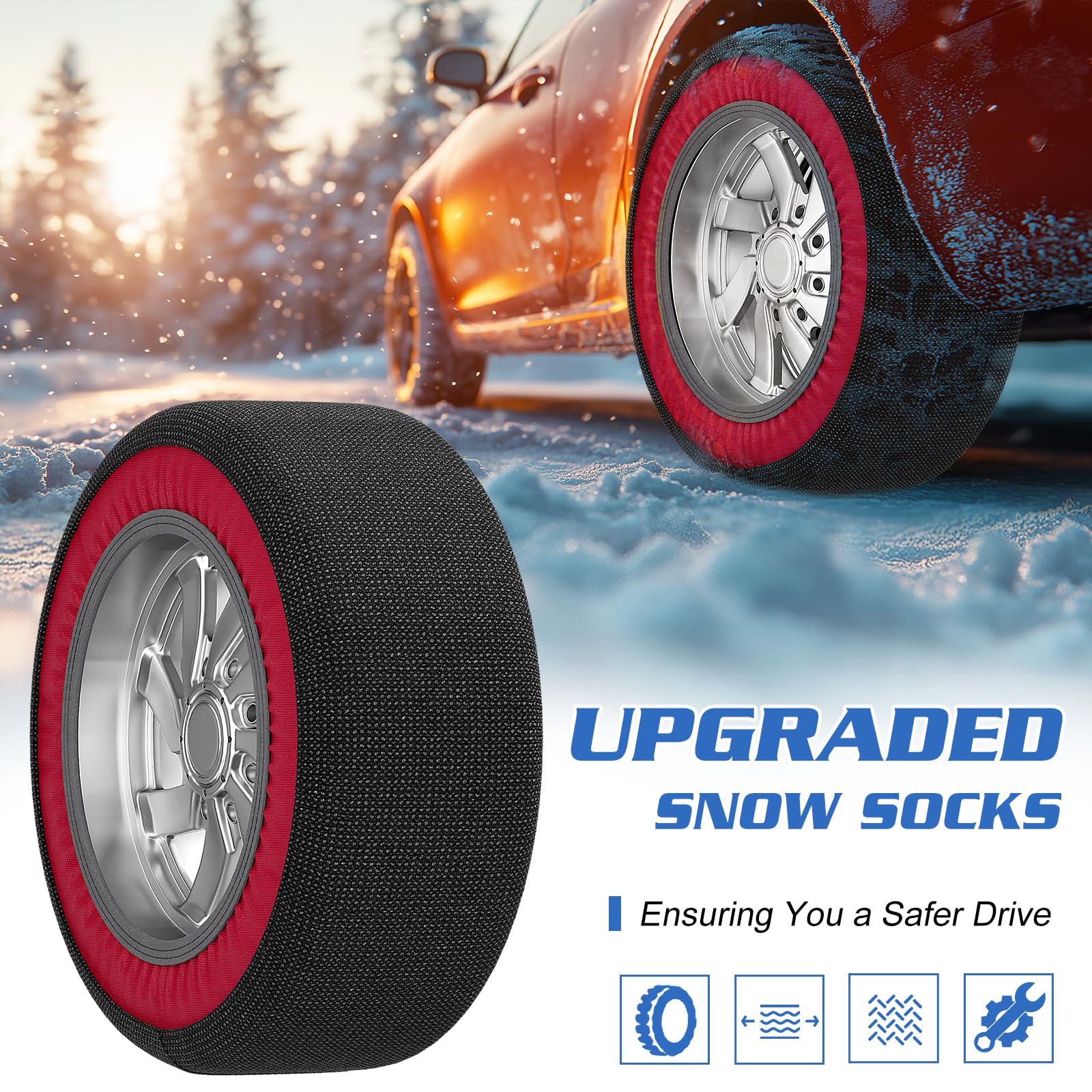 Automotive Snow Socks - Great Alternative to Tire Chains, Thickened Polyester Fiber for Maximum Traction & Grip, Fits Car, SUV, Pickup and Truck (Set of 2) - XLarge