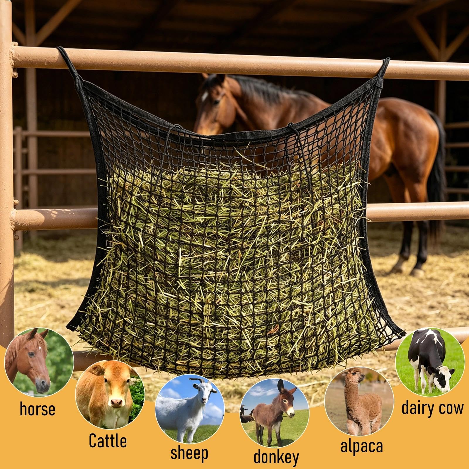 90 * 120CM Filet a Foin Cheval Maillage 4 * 4CM Filet a Foin avec Mousqueton Filets Foins Chevaux Convient pour Nourrir Les Chevaux, Les Bovins, Moutons et Autres Animaux d'élevage
