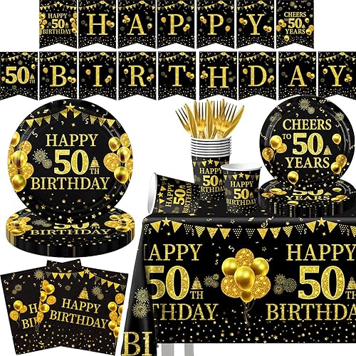 Decoraciones de fiesta de cumpleaños 50, platos y servilletas de feliz cumpleaños 50, mantel de fiesta de cumpleaños 50, color negro y dorado,